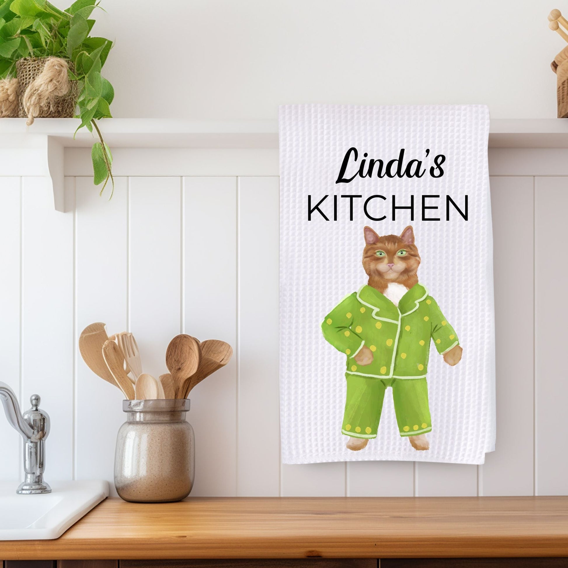 Orange Tabby Cat in Pajamas Kitchen Towel - MerikaArt