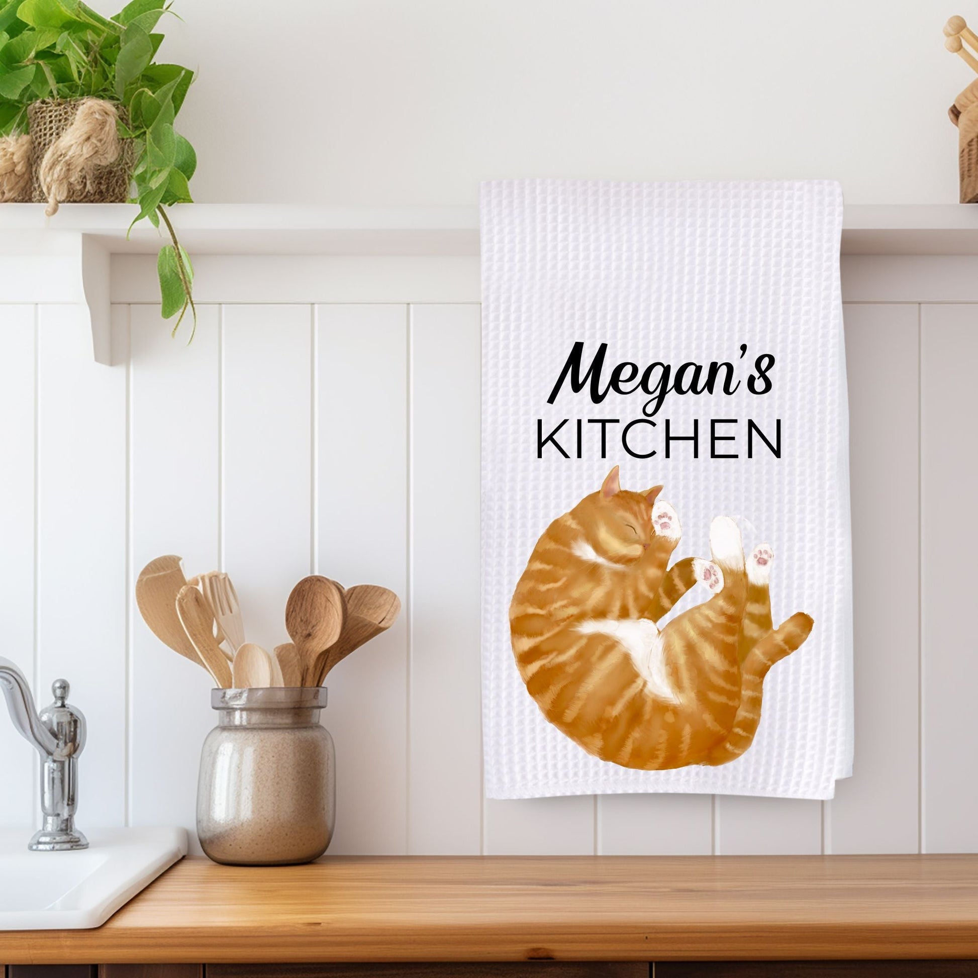 Orange Tabby Cat Kitchen Towel with White Paws - MerikaArt