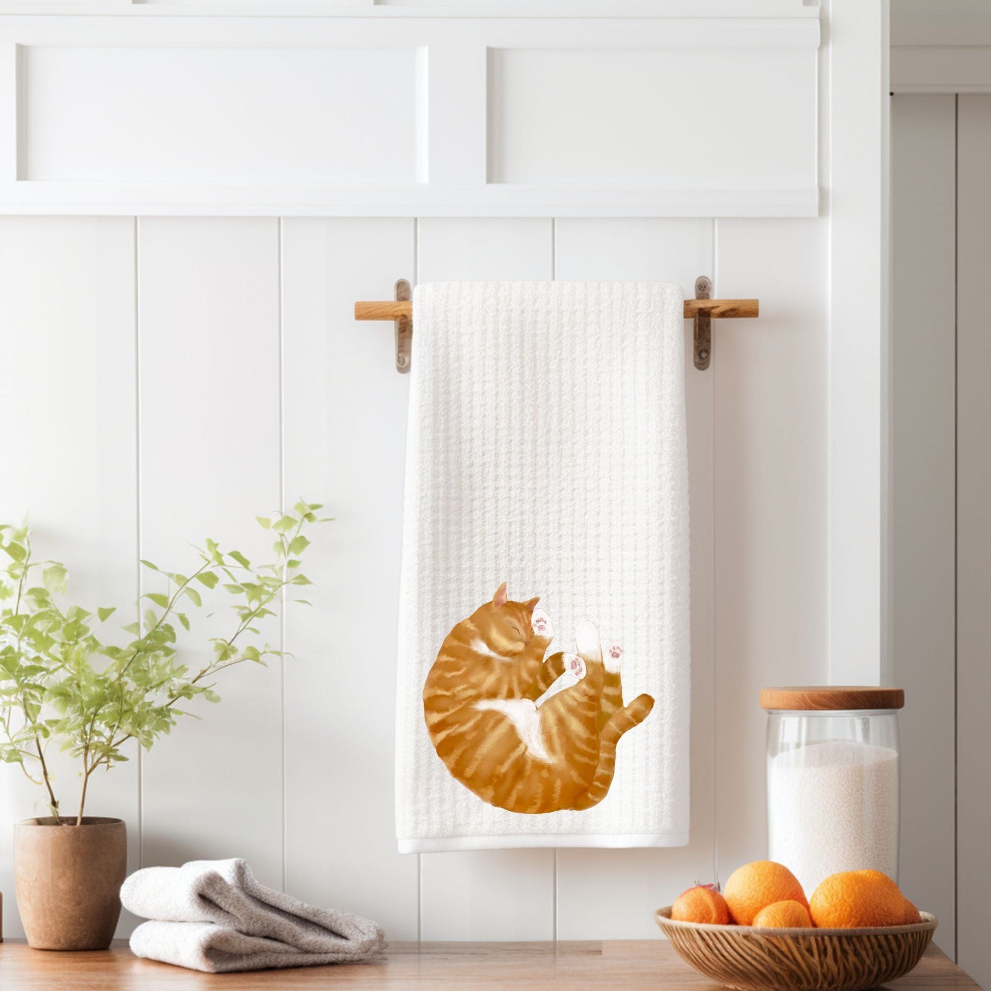 Orange Tabby Cat Kitchen Towel with White Paws - MerikaArt