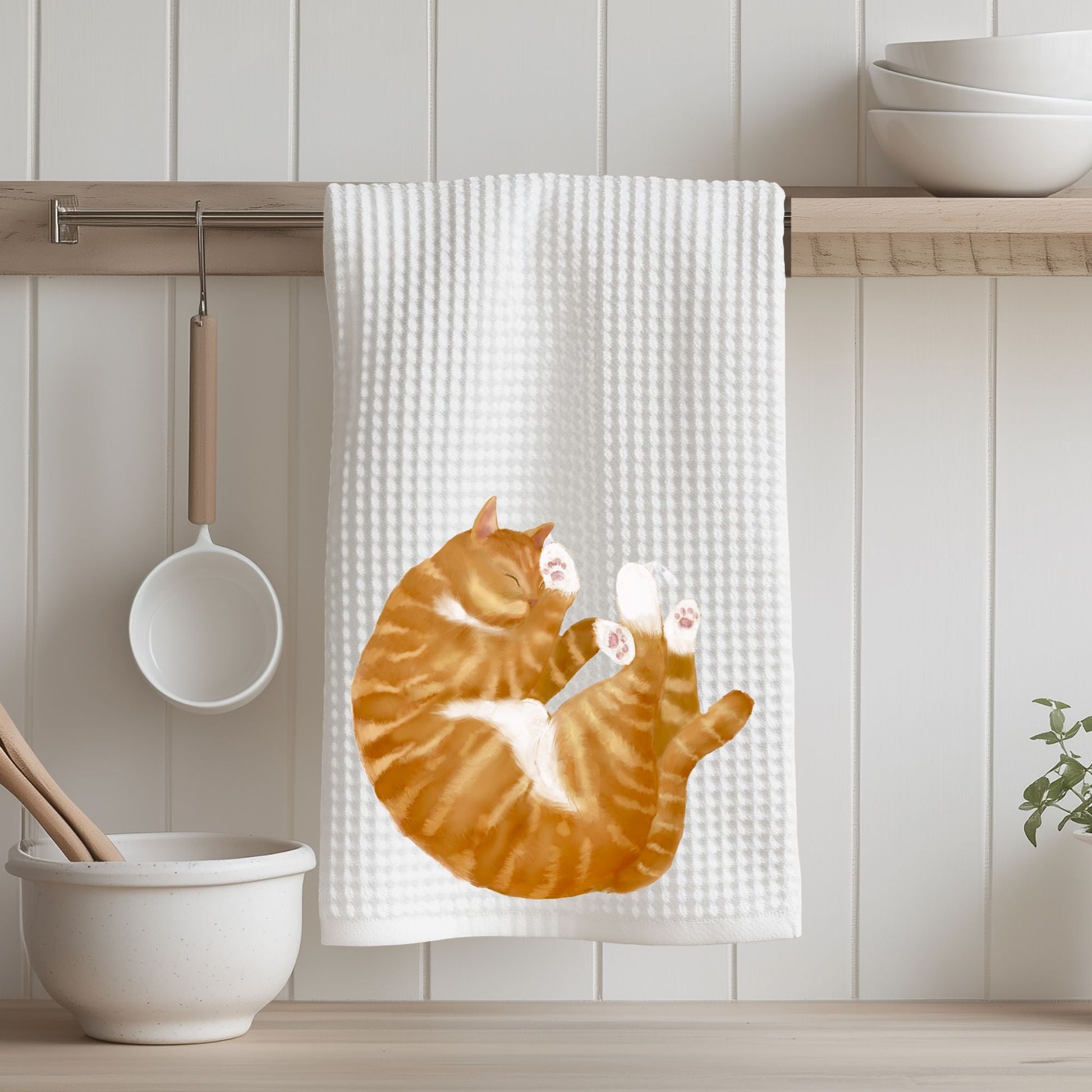 Orange Tabby Cat Kitchen Towel with White Paws - MerikaArt