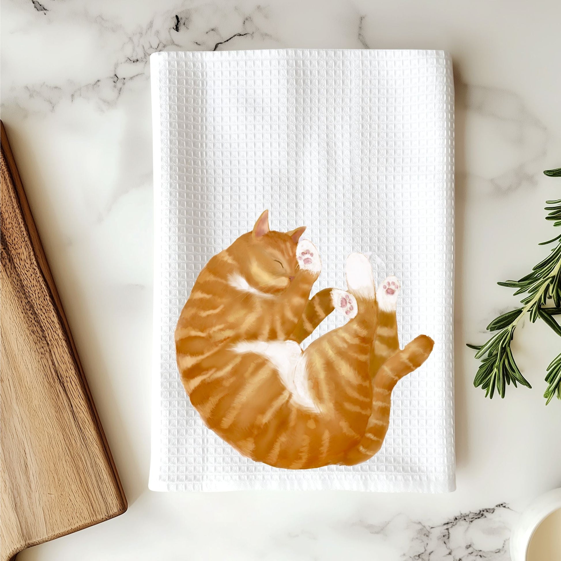 Orange Tabby Cat Kitchen Towel with White Paws - MerikaArt