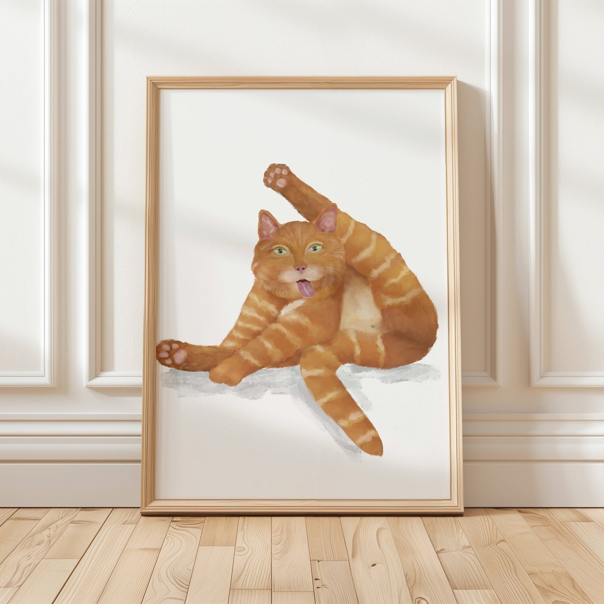 Orange Tabby Cat Licking Himself Print - MerikaArt