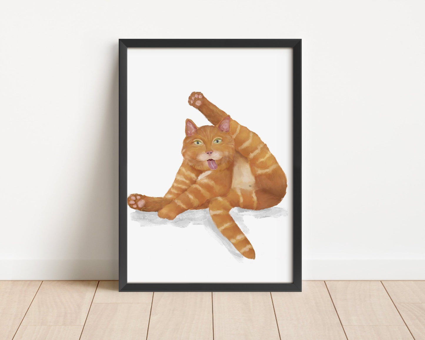 Orange Tabby Cat Licking Himself Print - MerikaArt