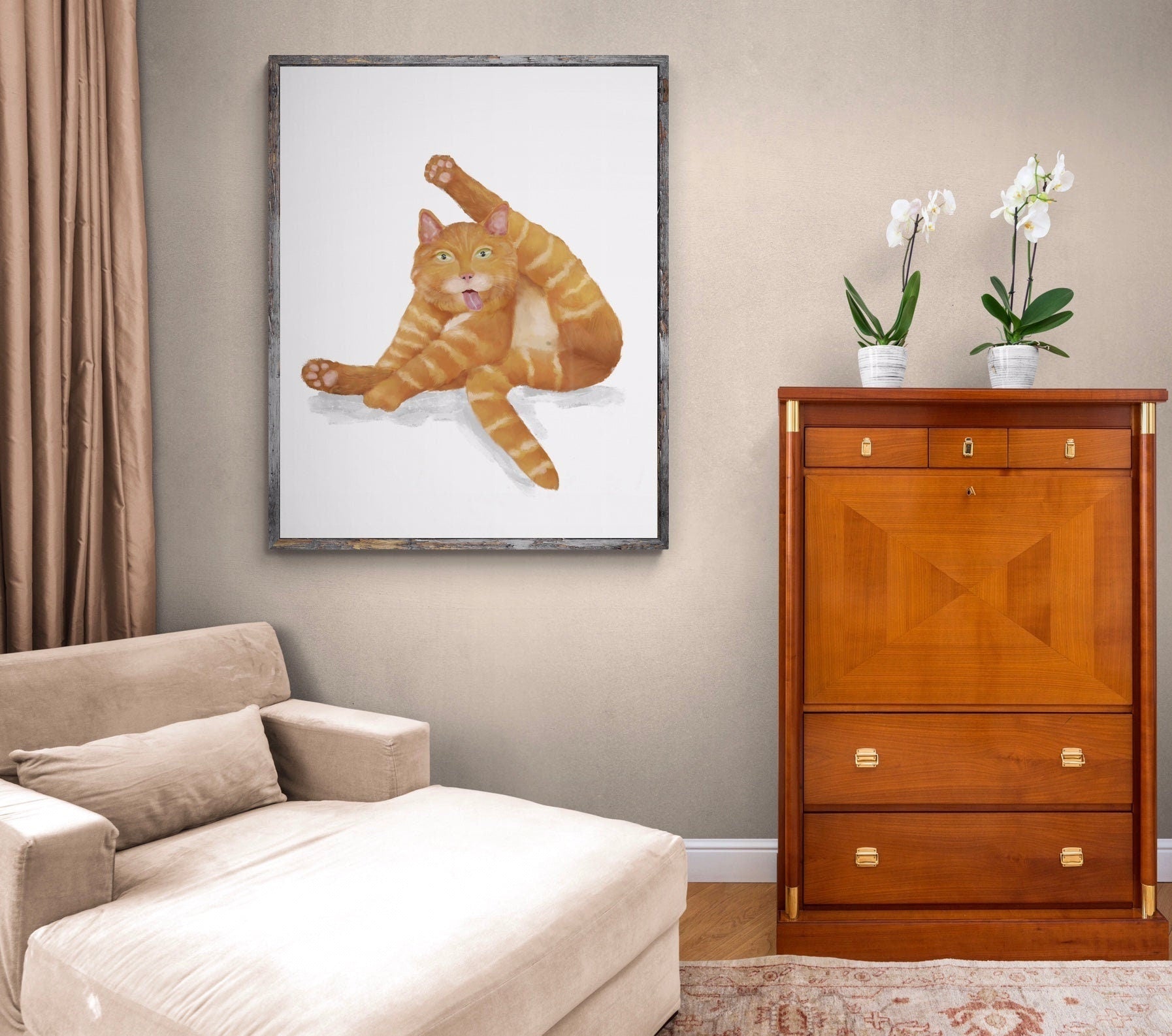 Orange Tabby Cat Licking Himself Print, Ginger Cat Painting, Cat Lover Art, Cat Lady Gift, Living Room Wall Decor - MerikaArt