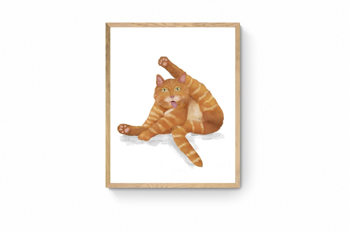 Orange Tabby Cat Licking Himself Print, Ginger Cat Painting, Cat Lover Art, Cat Lady Gift, Living Room Wall Decor - MerikaArt