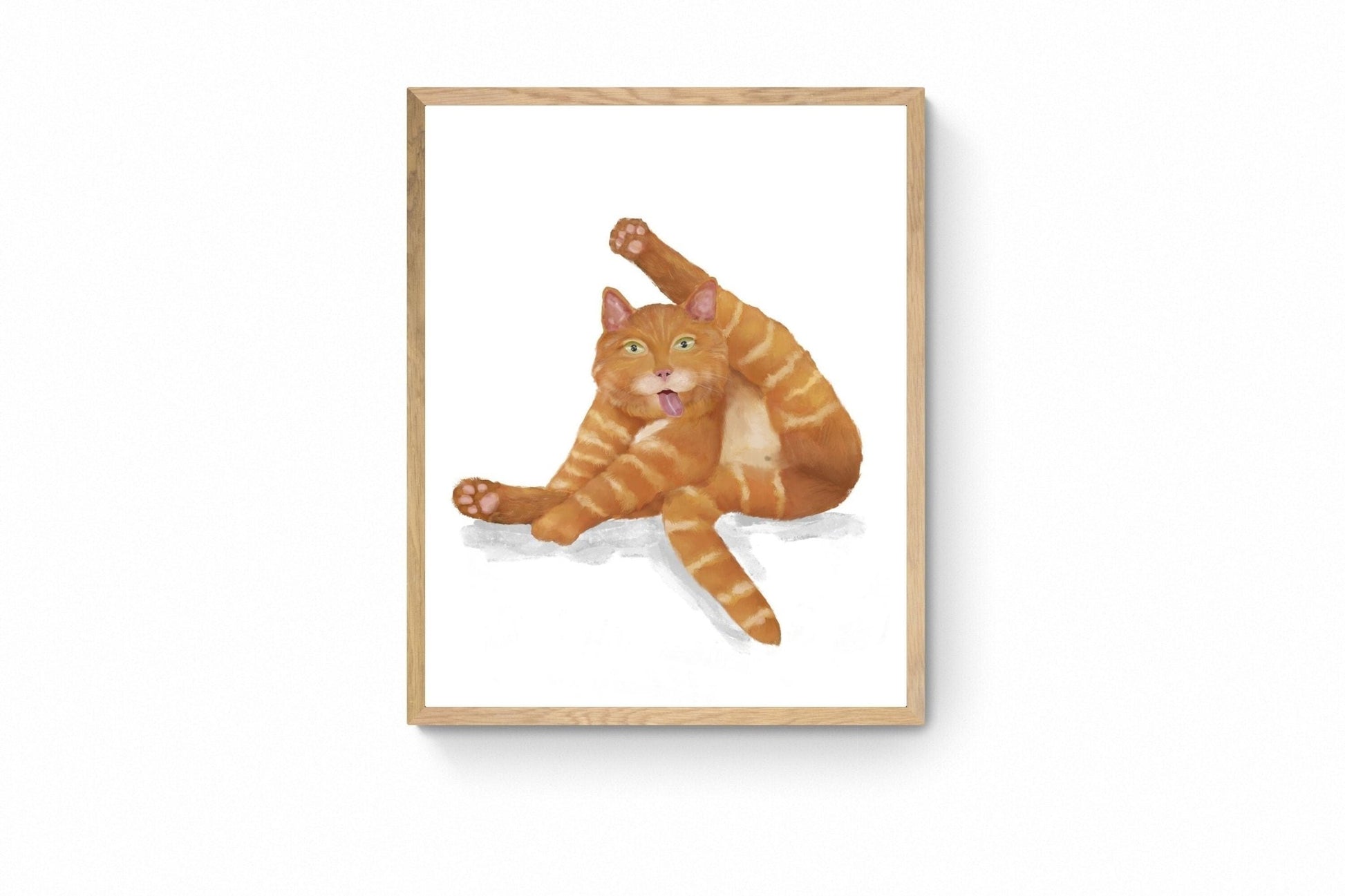 Orange Tabby Cat Licking Himself Print, Ginger Cat Painting, Cat Lover Art, Cat Lady Gift, Living Room Wall Decor - MerikaArt