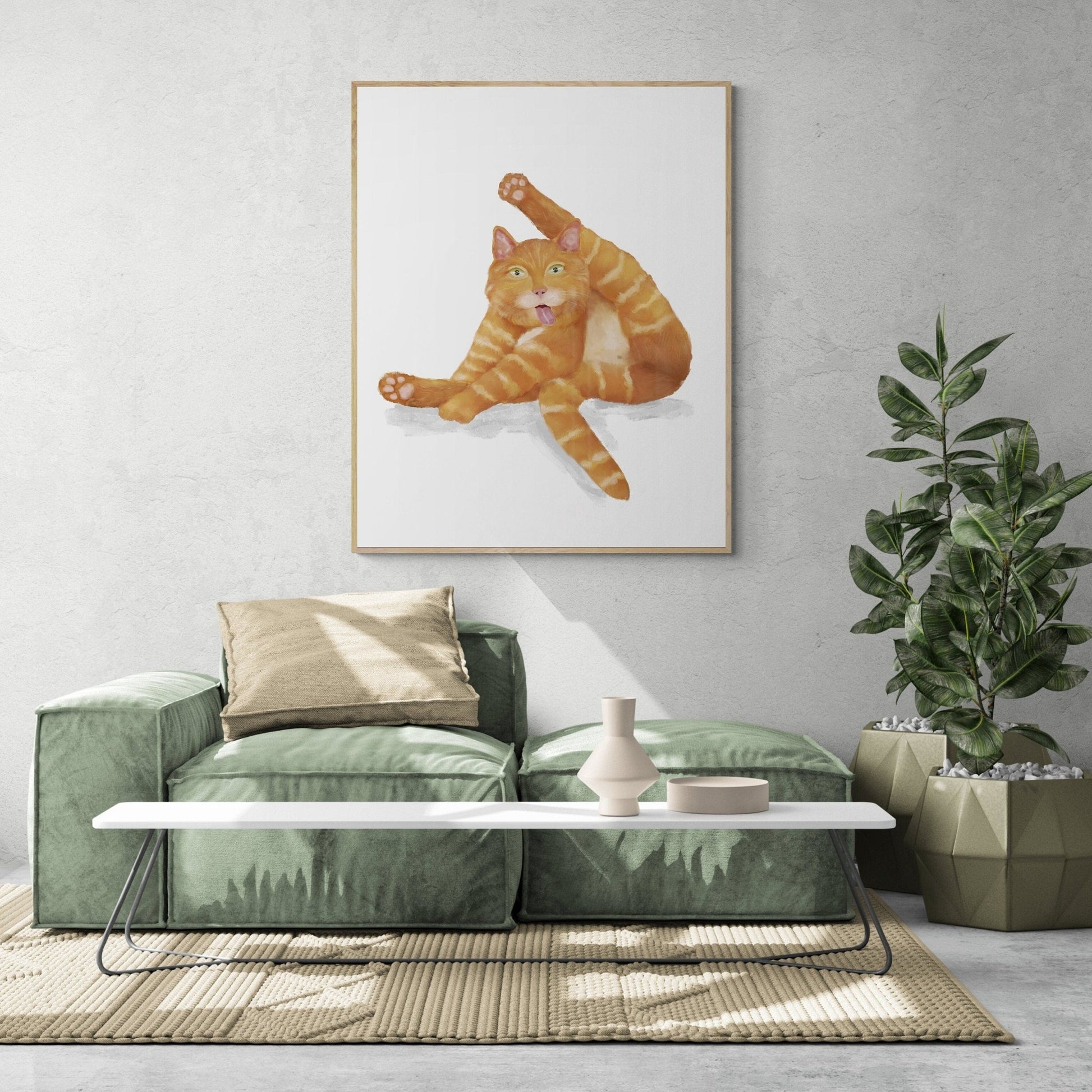 Orange Tabby Cat Licking Himself Print, Ginger Cat Painting, Cat Lover Art, Cat Lady Gift, Living Room Wall Decor - MerikaArt