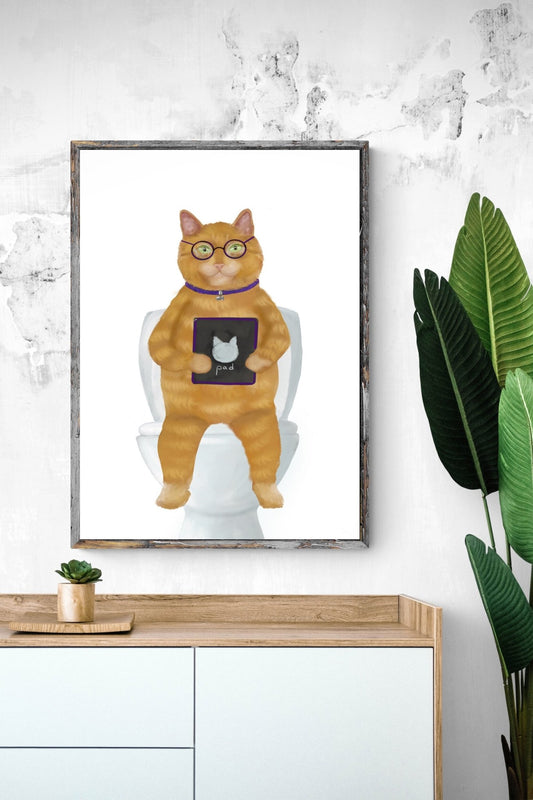 Orange Tabby Cat On Toilet Print - Ginger Cat with Tablet on Toilet - MerikaArt