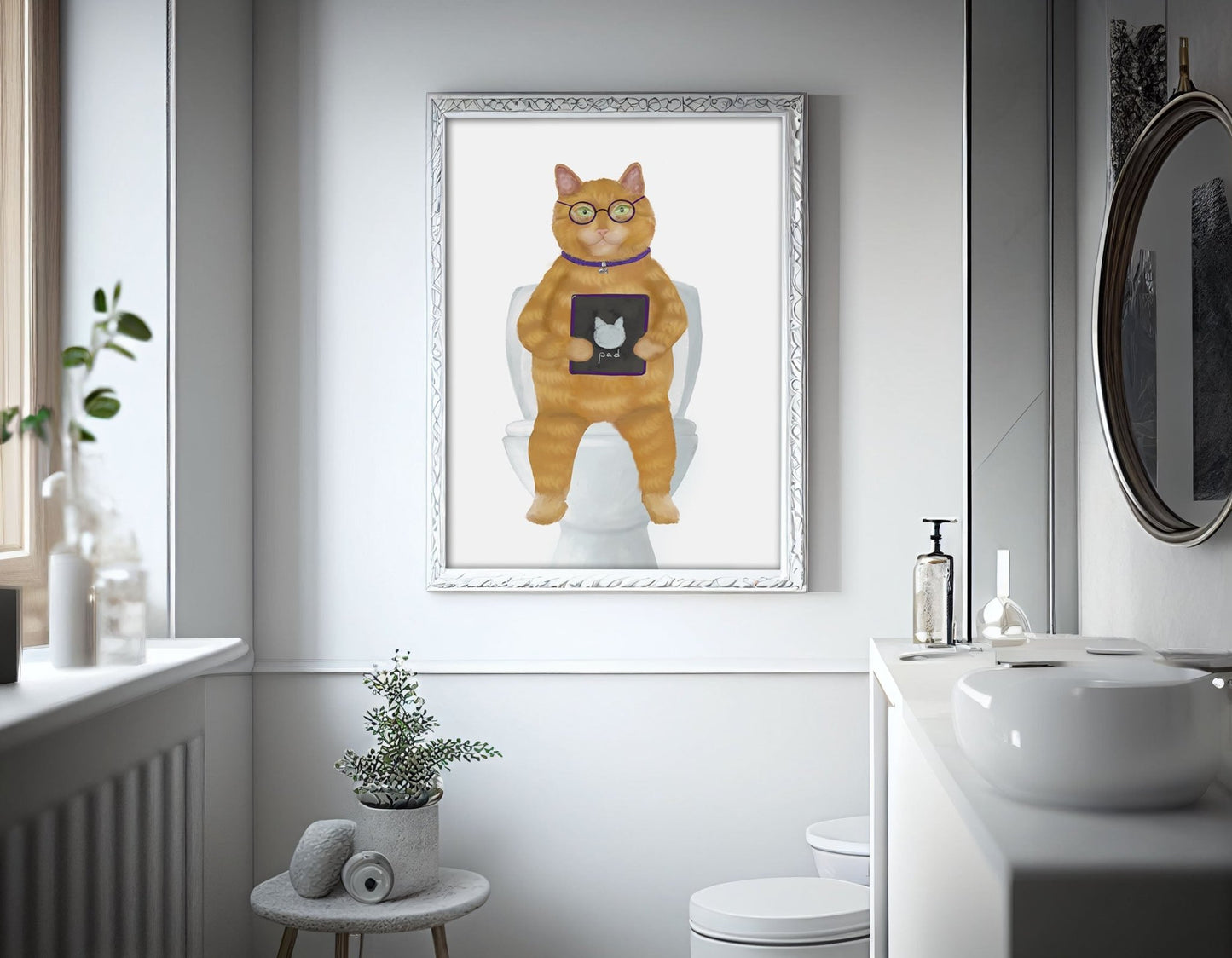 Orange Tabby Cat On Toilet Print - Ginger Cat with Tablet on Toilet - MerikaArt