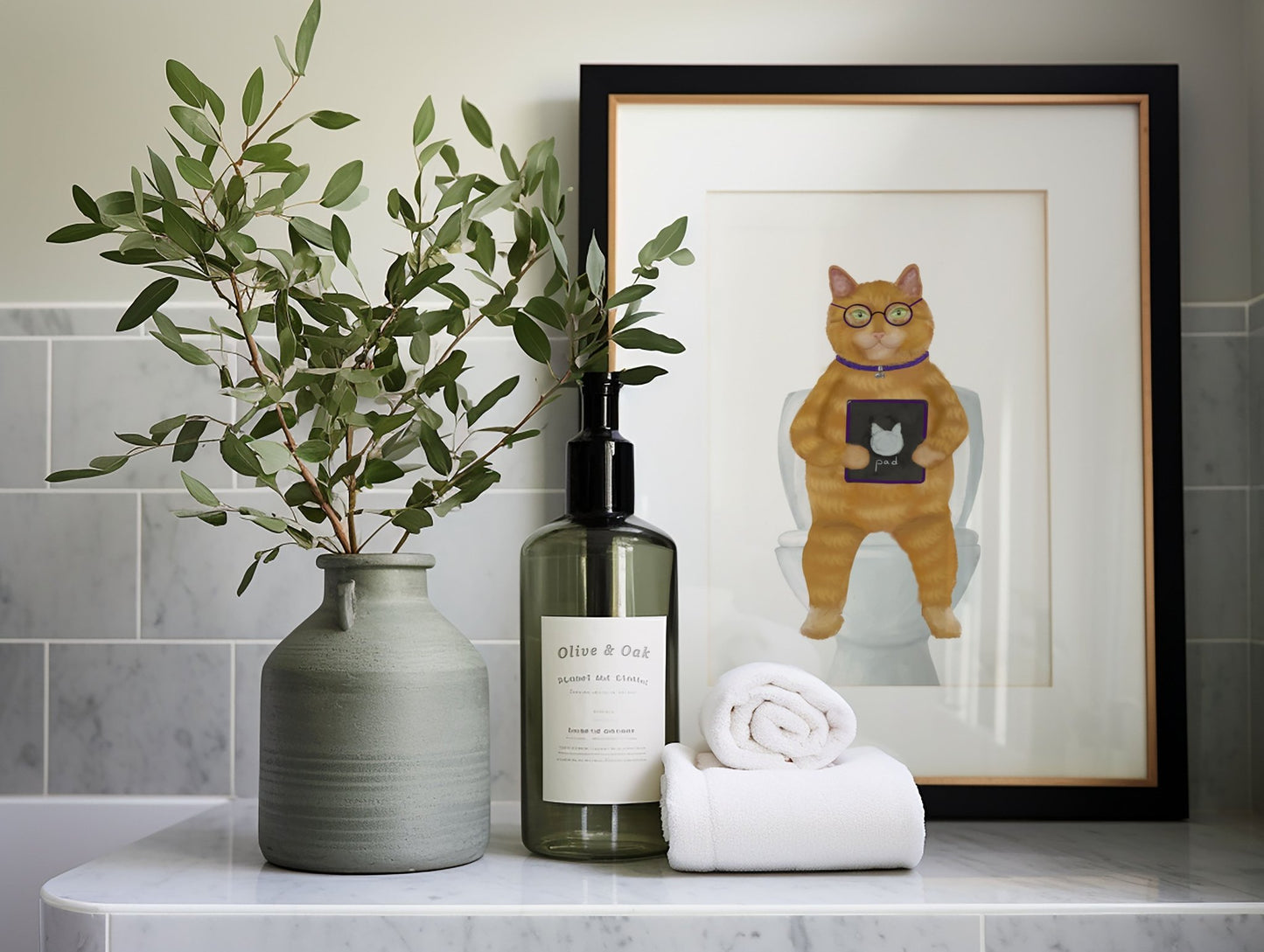 Orange Tabby Cat On Toilet Print - Ginger Cat with Tablet on Toilet - MerikaArt