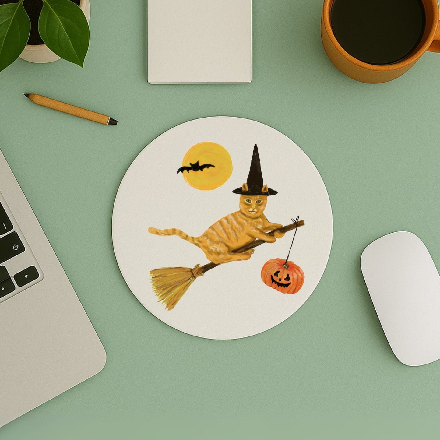 Orange Witch Cat Halloween Mousepad - MerikaArt