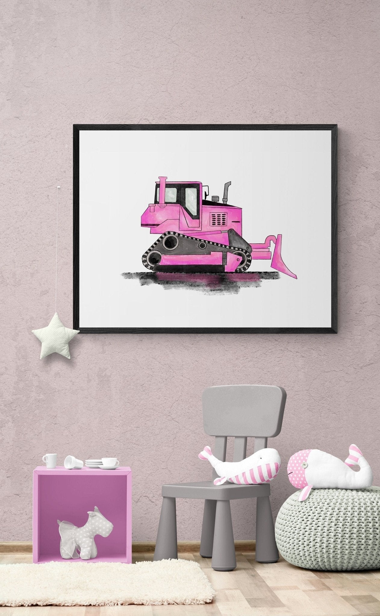 Original Pink Bulldozer Print - MerikaArt