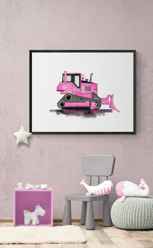 Original Pink Bulldozer Print - MerikaArt
