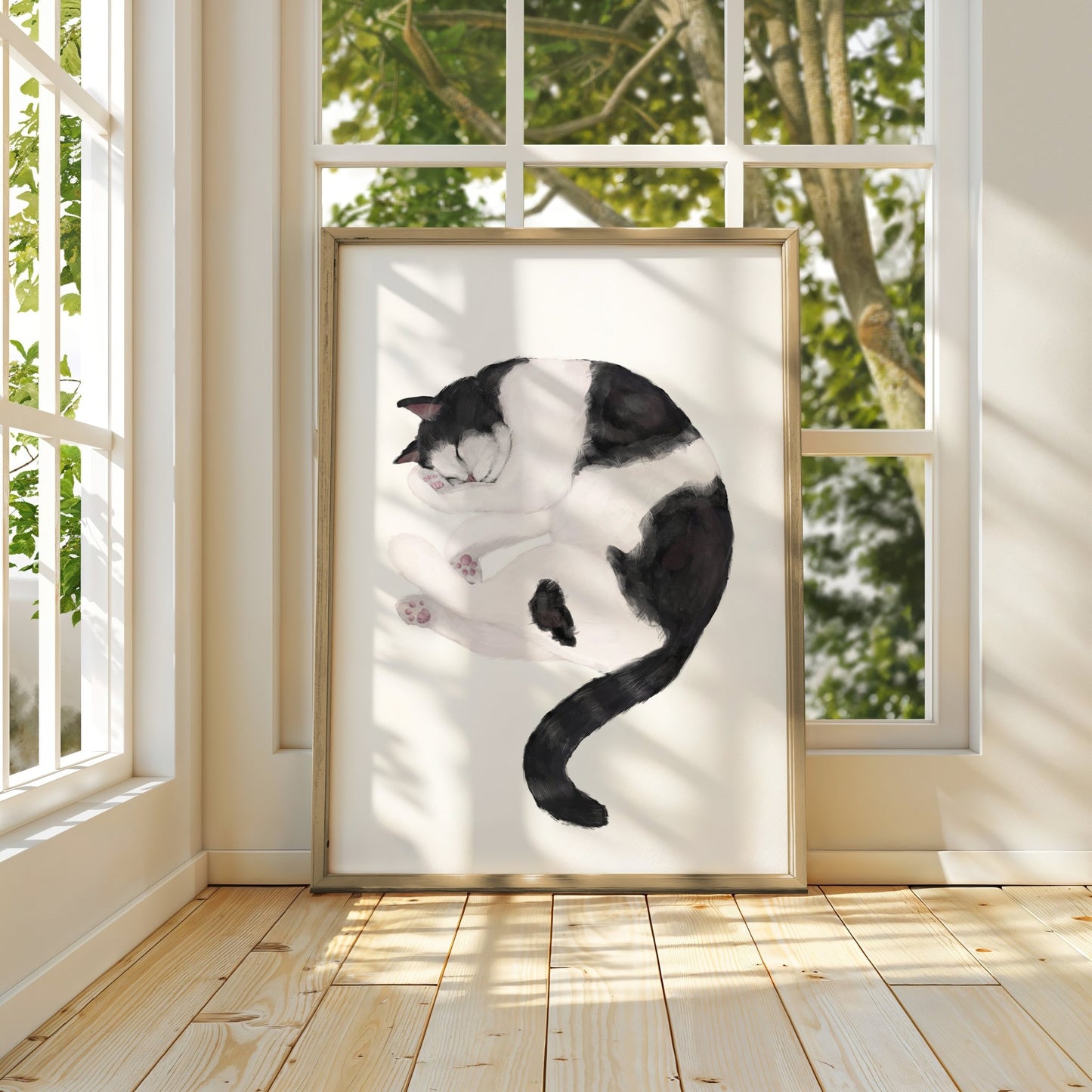 Original Sleeping Tuxedo Black and White Cat Print - MerikaArt