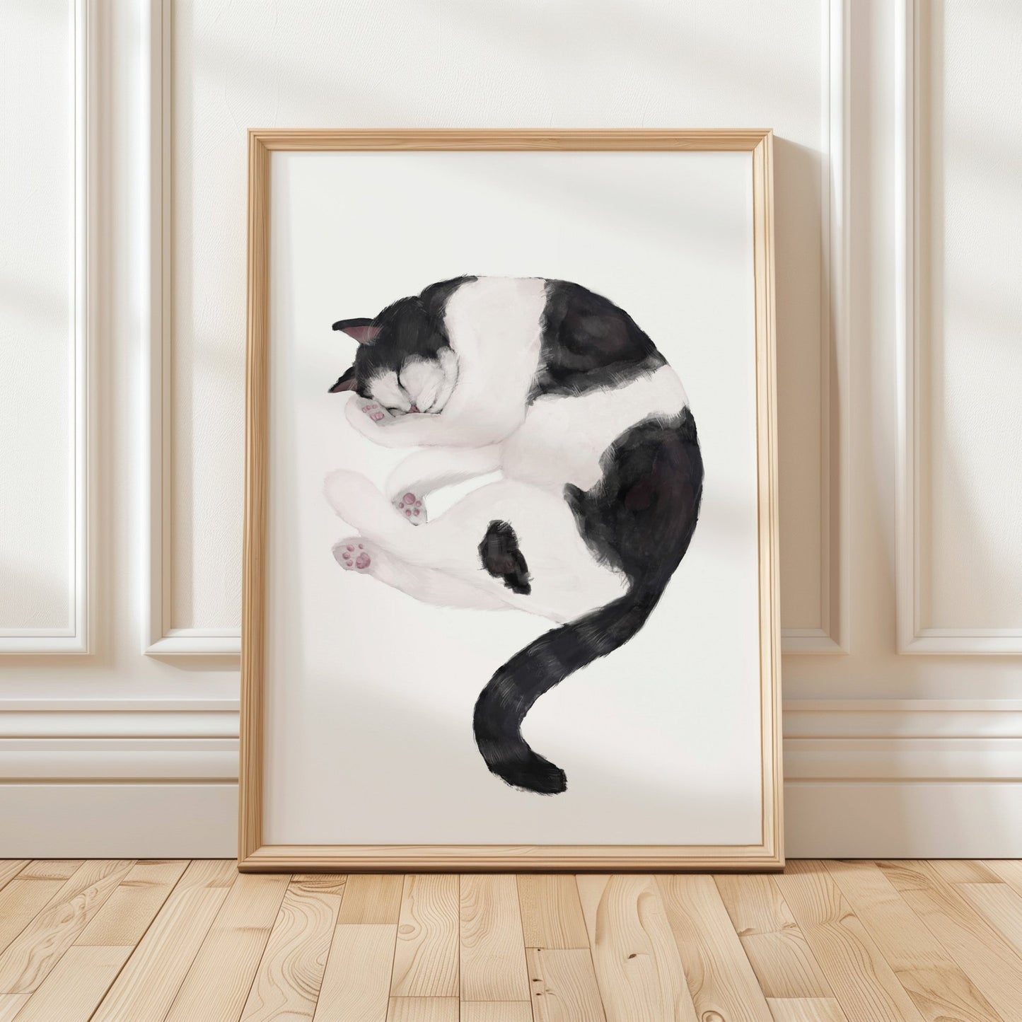 Original Sleeping Tuxedo Black and White Cat Print - MerikaArt