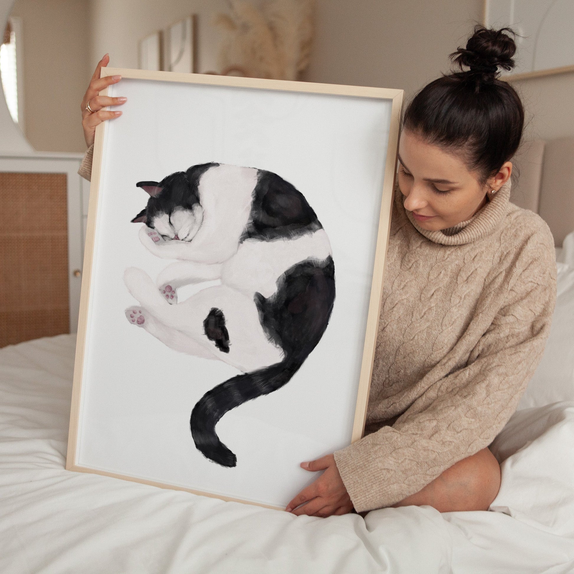 Original Sleeping Tuxedo Black and White Cat Print - MerikaArt