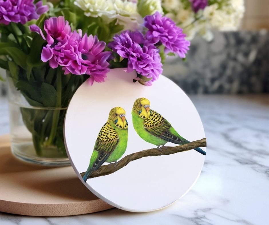 Pair of Budgerigars Ceramic Coaster - MerikaArt
