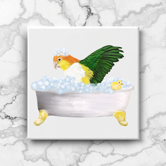 Parrot in Bathtub Ceramic Tile – Handcrafted Whimsical Bird Art Decor - MerikaArt