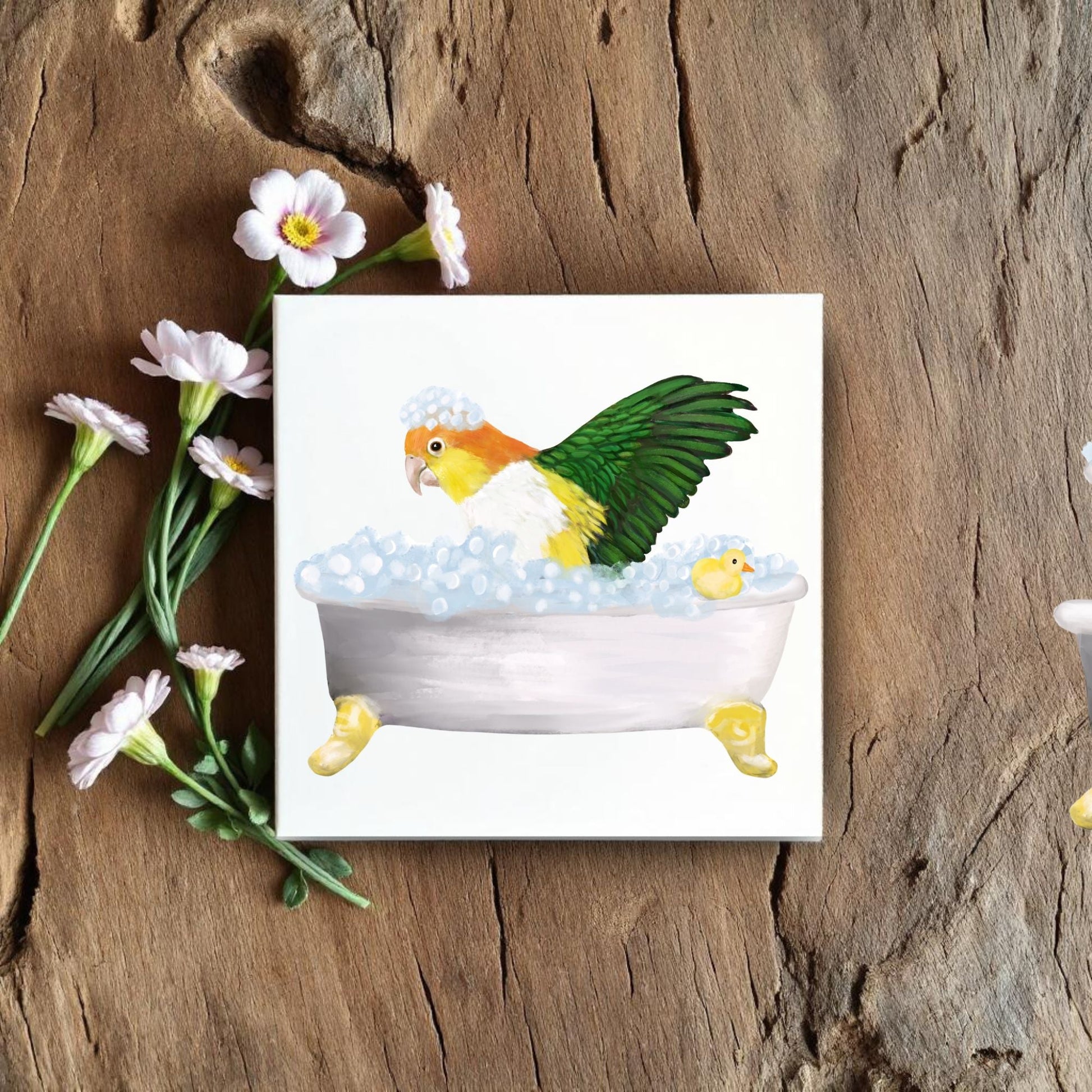 Parrot in Bathtub Ceramic Tile – Handcrafted Whimsical Bird Art Decor - MerikaArt