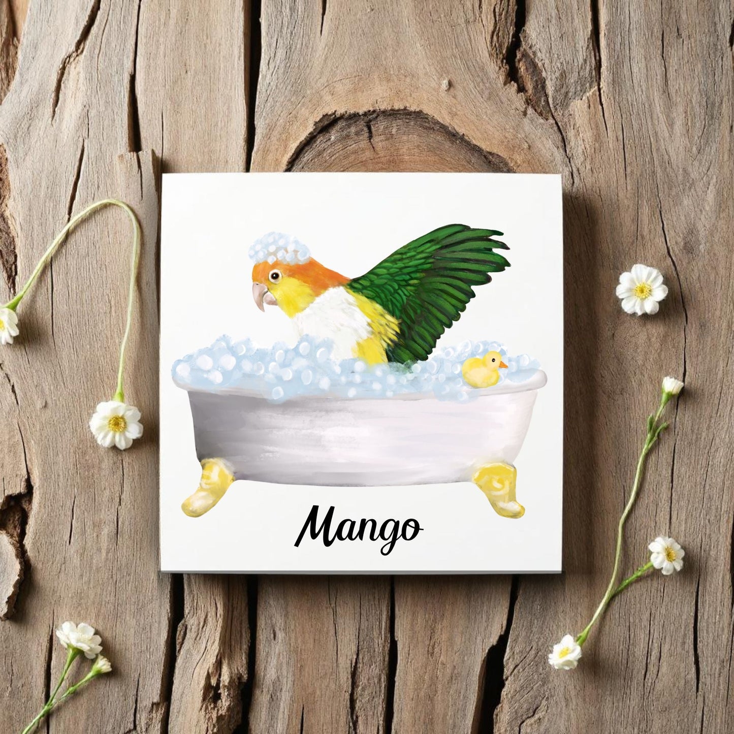Parrot in Bathtub Ceramic Tile – Handcrafted Whimsical Bird Art Decor - MerikaArt