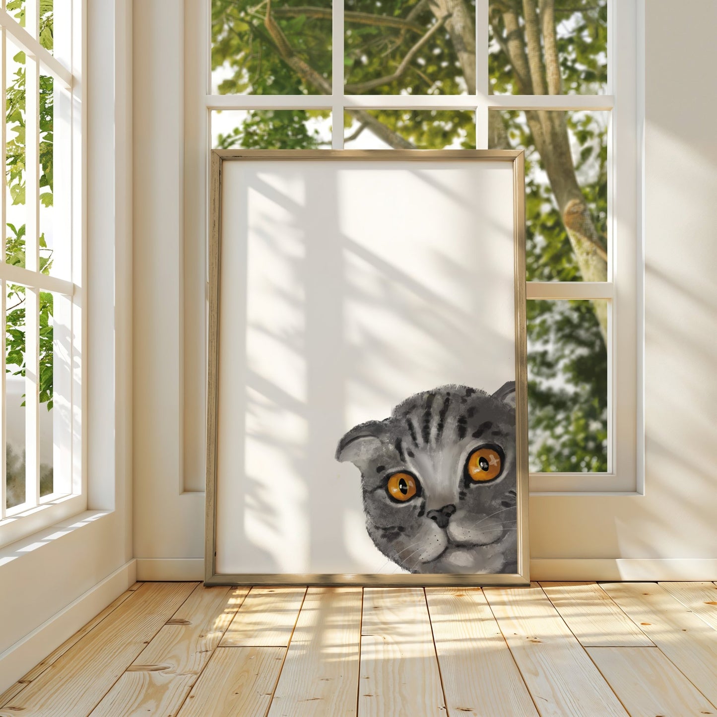 Peekaboo Kitty: A Playful Gray Scottish Fold Cat Art Print - MerikaArt