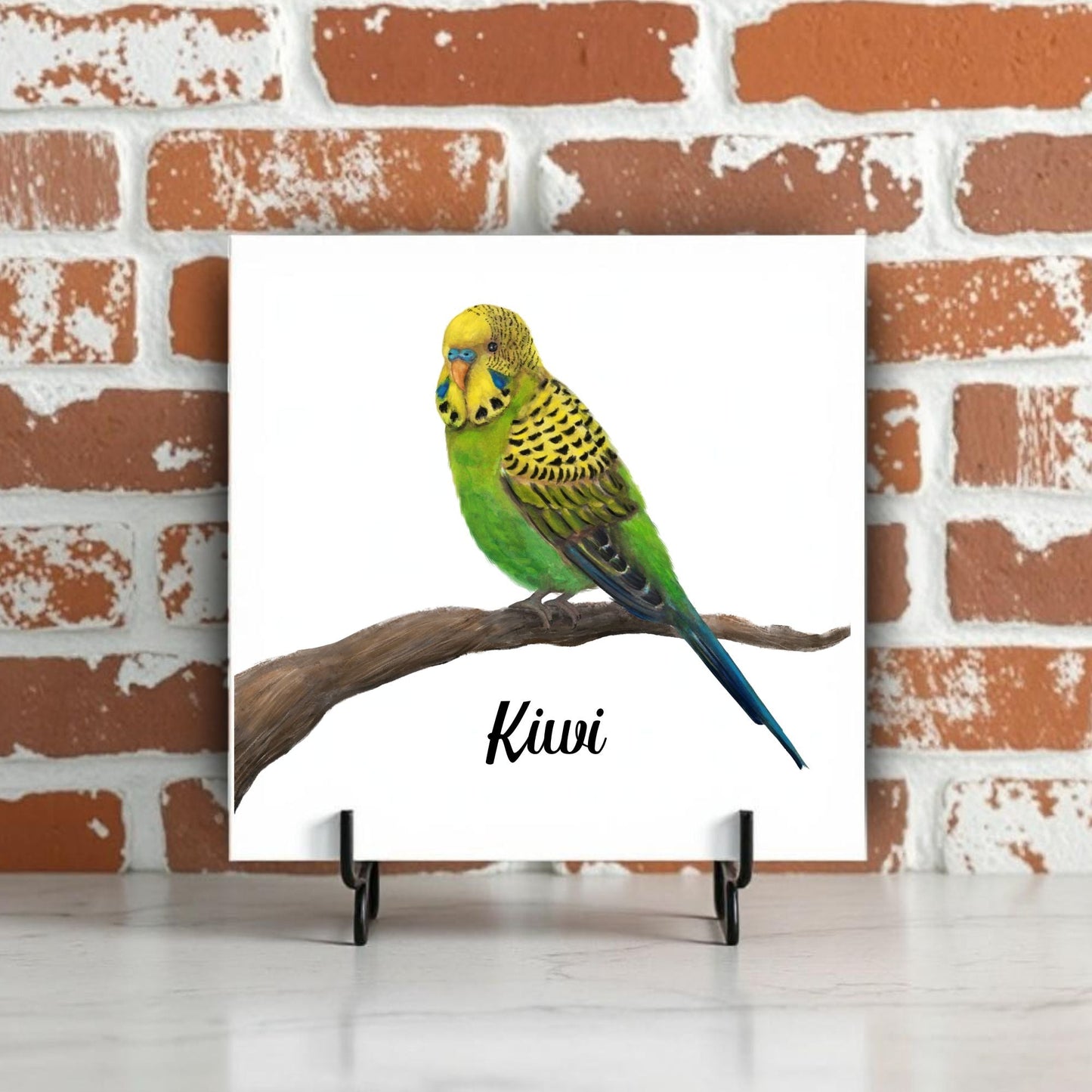 Perched Green Budgerigar Ceramic Tile – Handcrafted Bird Artwork - MerikaArt