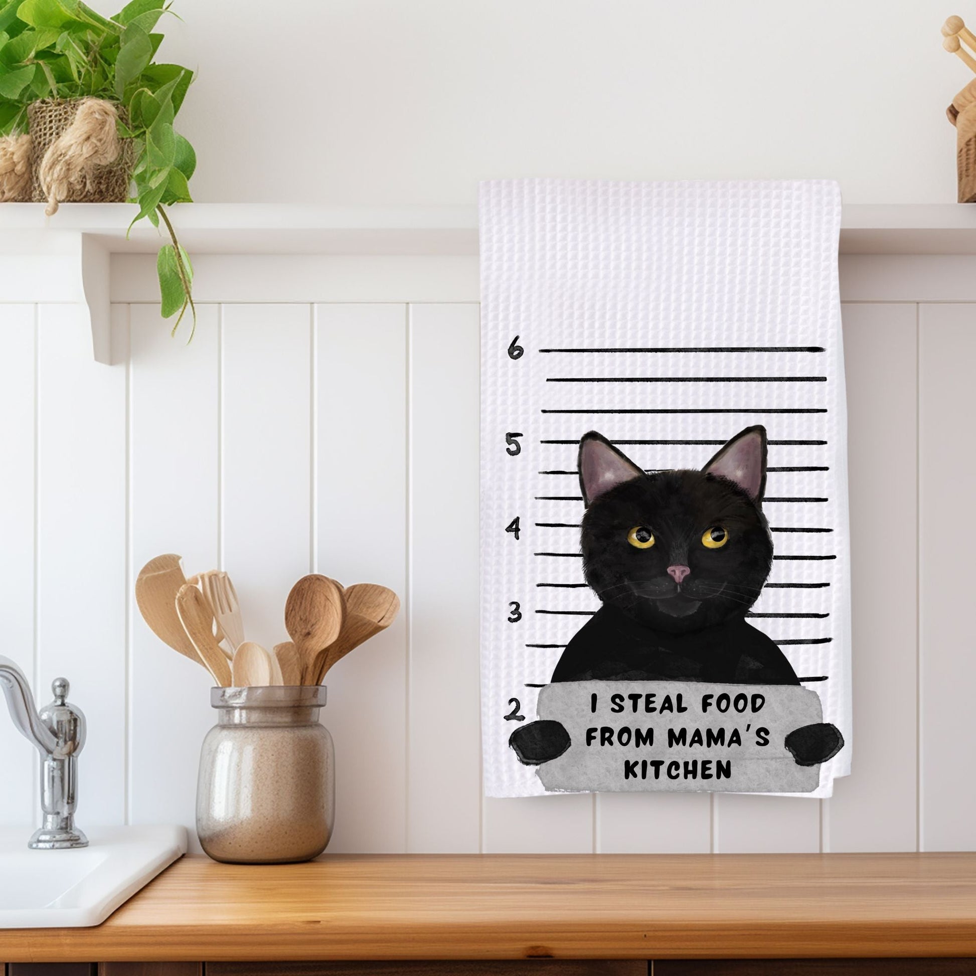 Personalized Black Cat Mugshot Kitchen Towel - MerikaArt