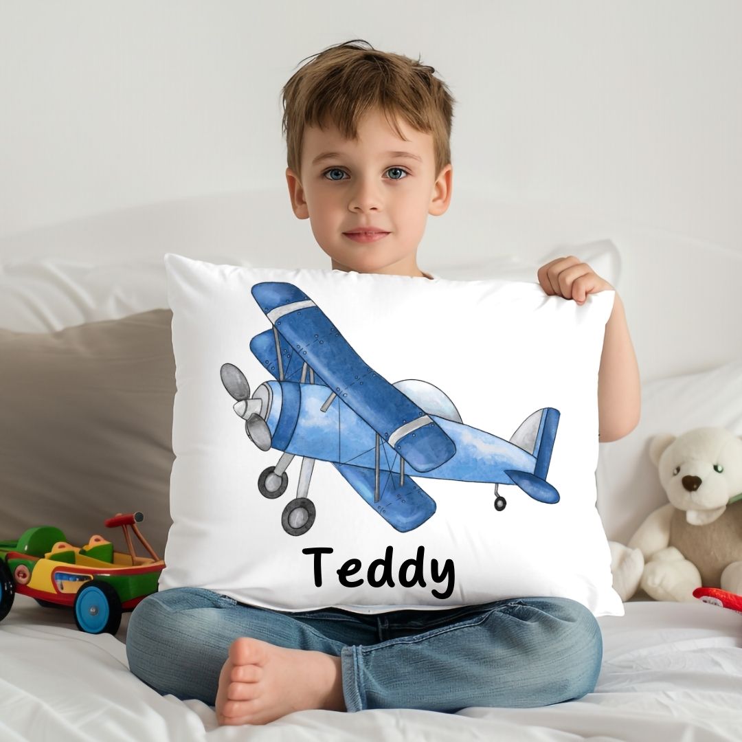 Personalized Blue Airplane Kids Pillow - MerikaArt