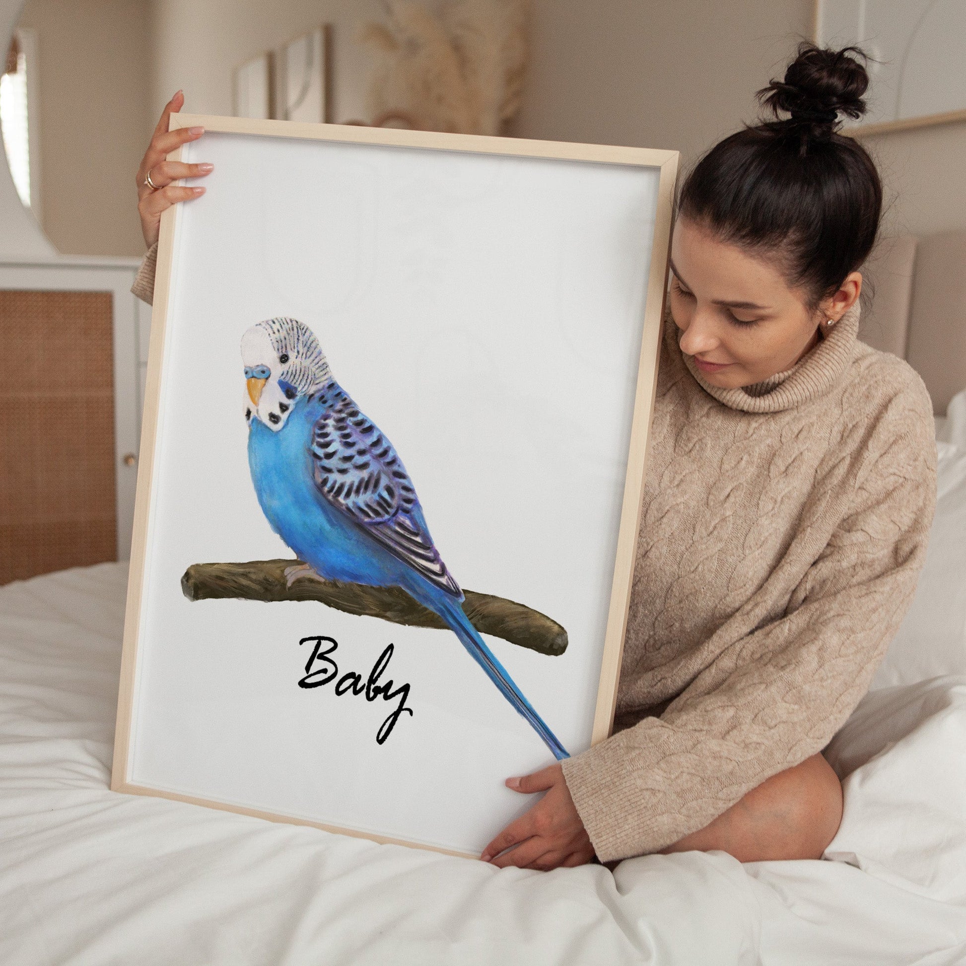 Personalized Blue Budgie Wall Art Print – Budgerigar Parakeet Illustration for Bird Lovers - MerikaArt