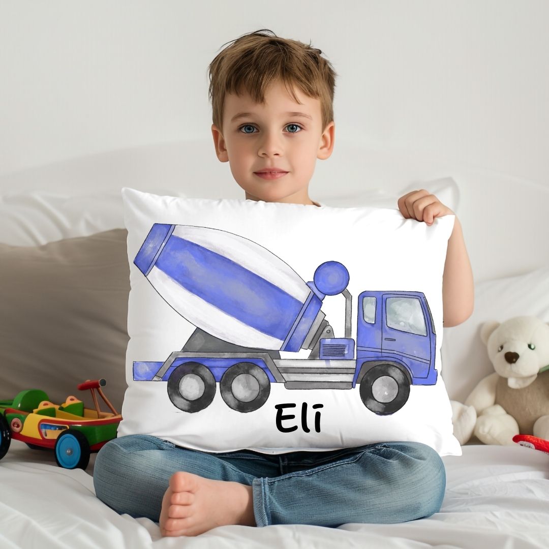 Personalized Blue Cement Mixer Kids Pillow - MerikaArt