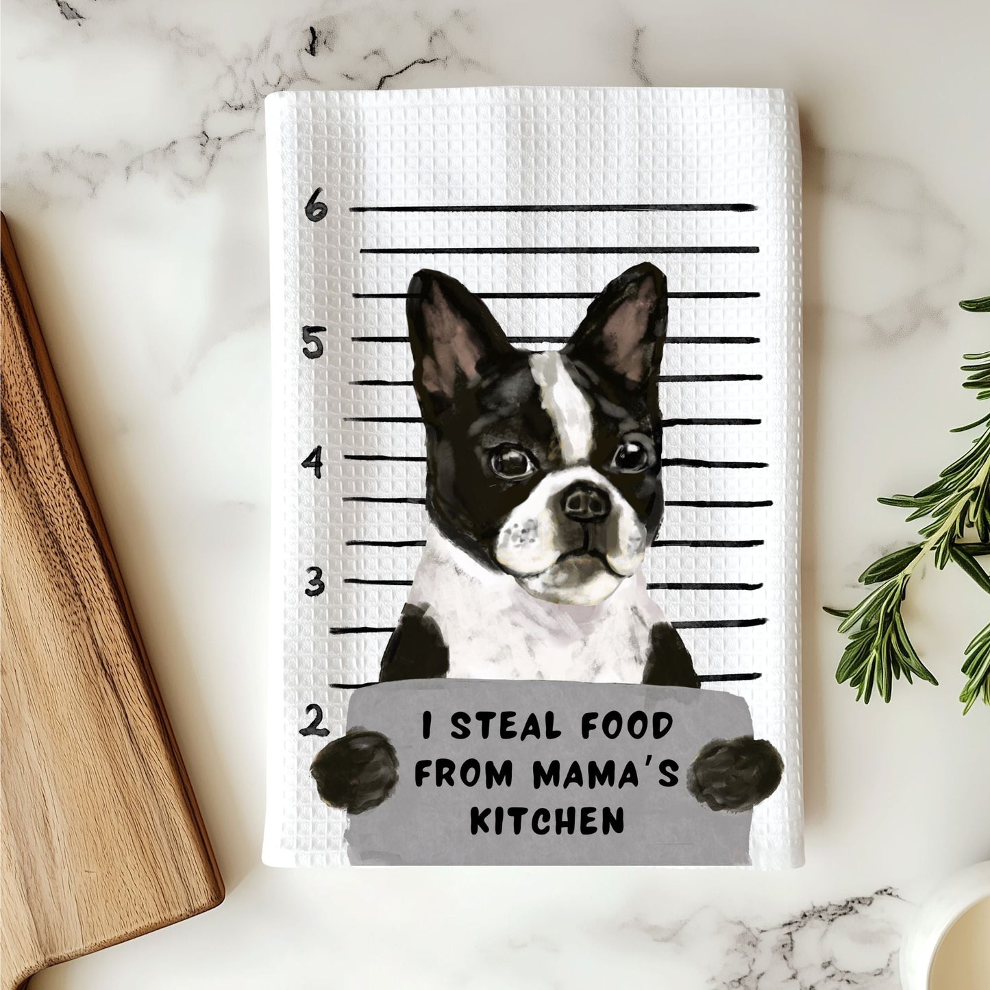 Personalized Boston Terrier Mugshot Kitchen Towel - MerikaArt