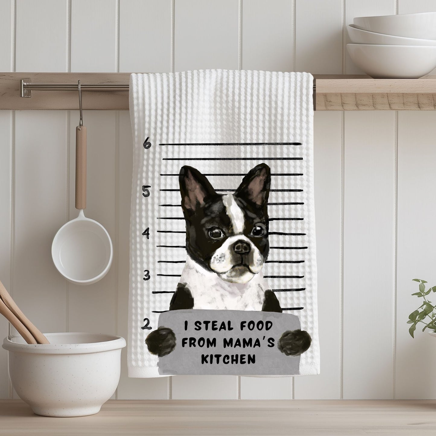 Personalized Boston Terrier Mugshot Kitchen Towel - MerikaArt