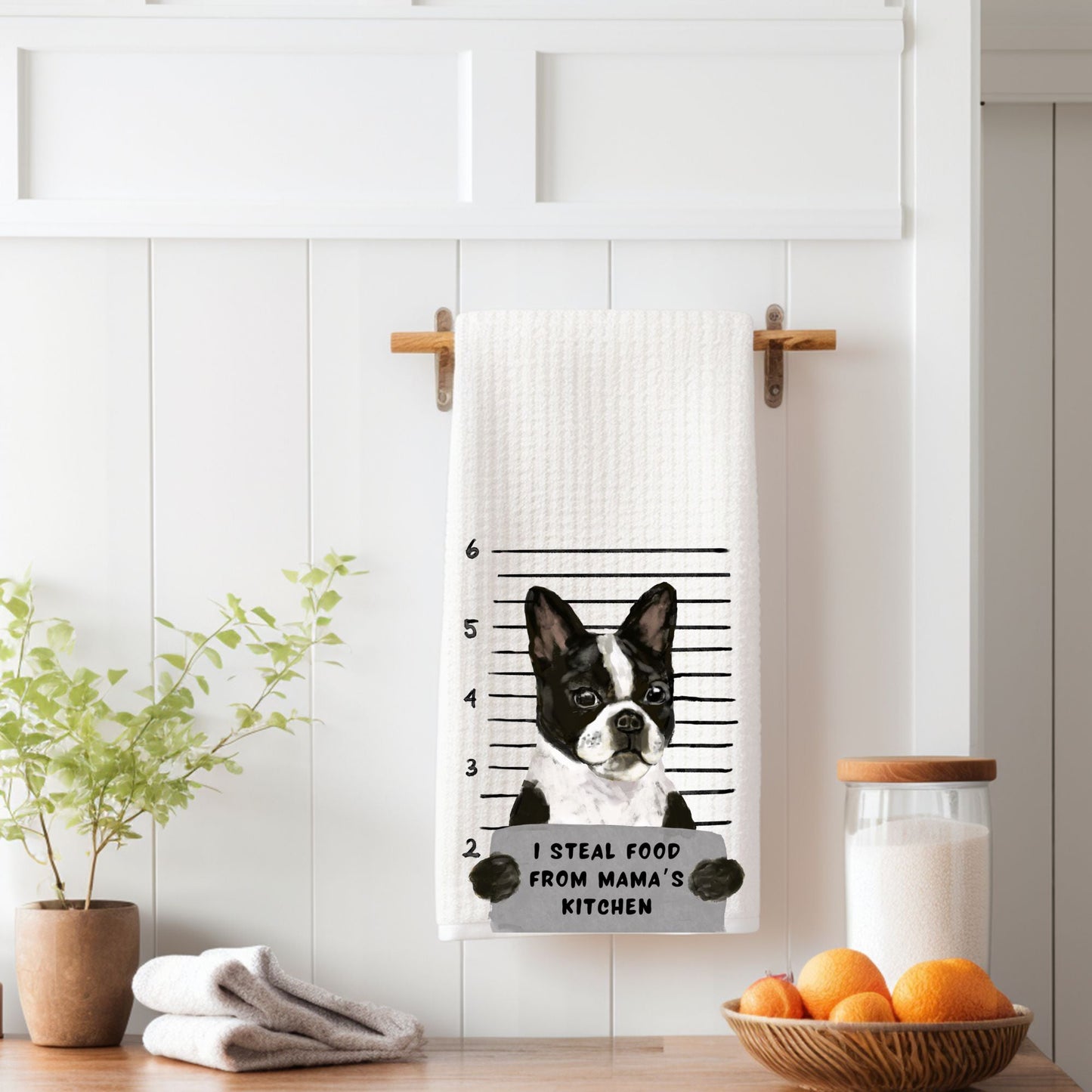 Personalized Boston Terrier Mugshot Kitchen Towel - MerikaArt