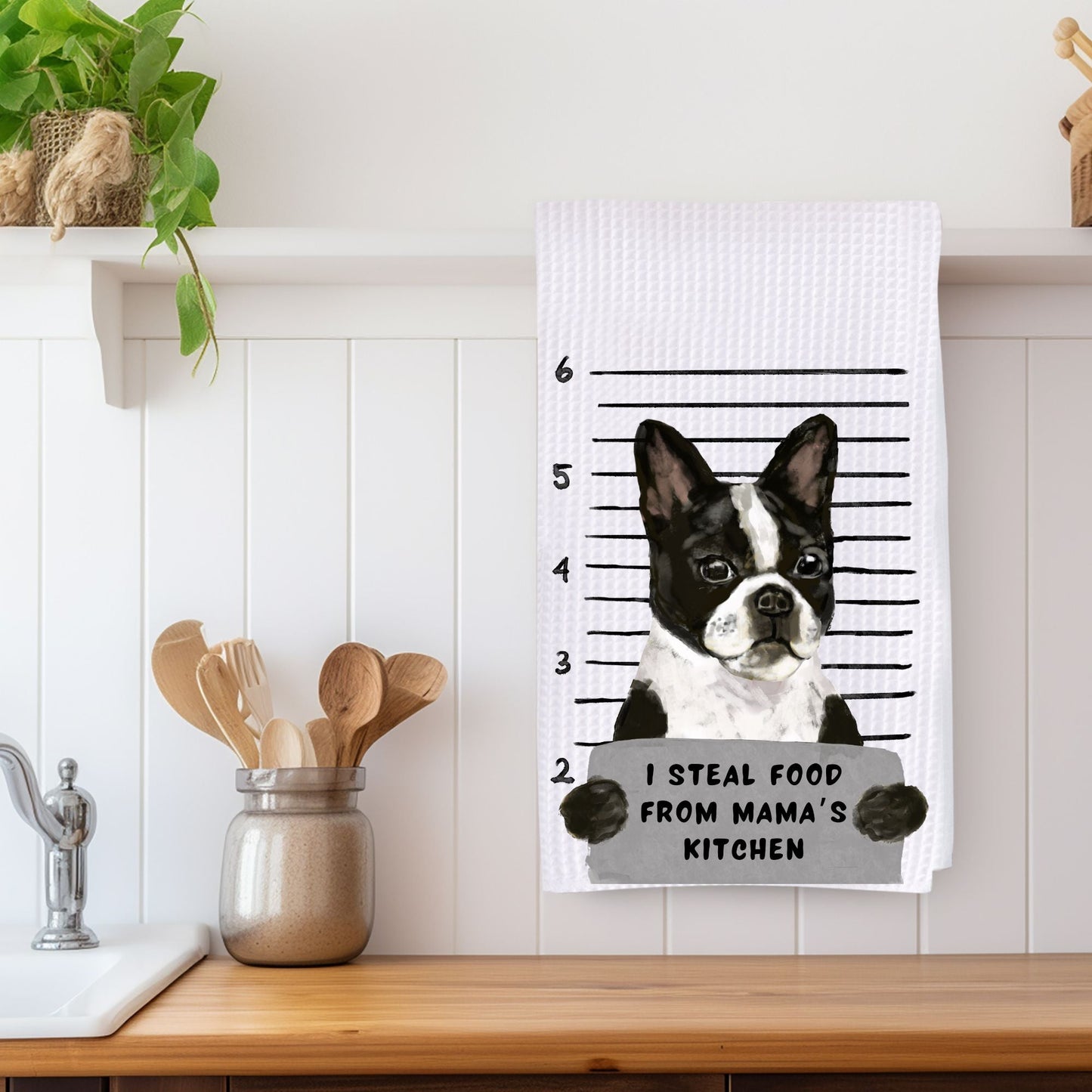 Personalized Boston Terrier Mugshot Kitchen Towel - MerikaArt