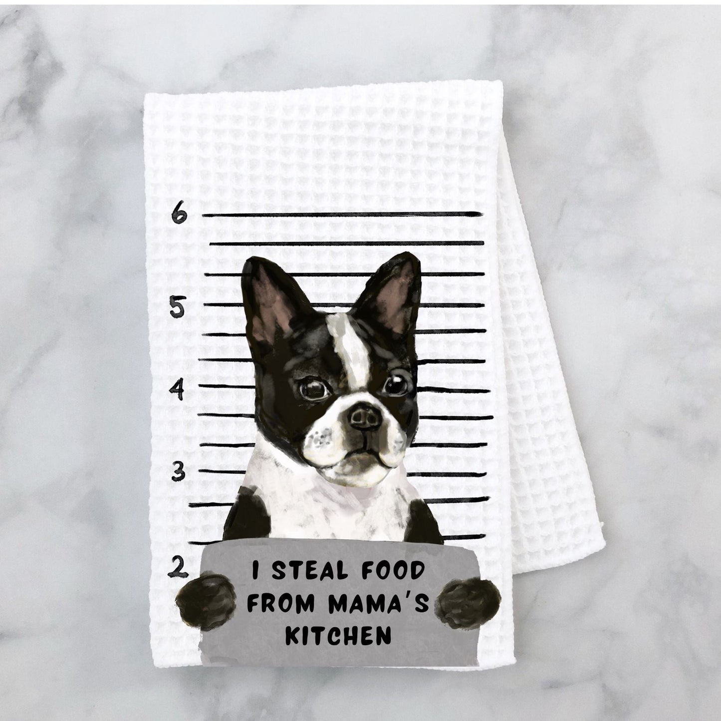 Personalized Boston Terrier Mugshot Kitchen Towel - MerikaArt