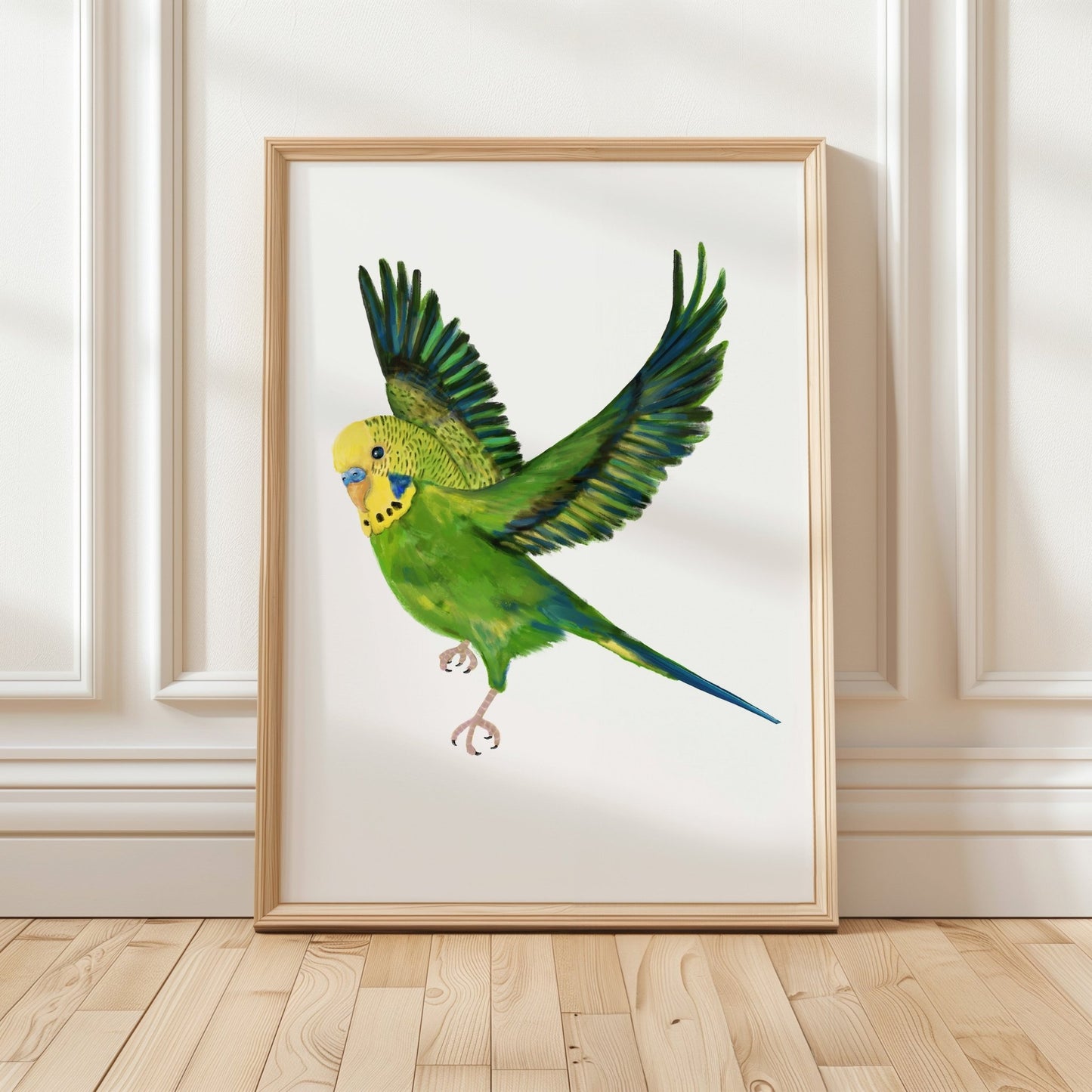 Personalized Flying Green Budgie Art Print – Vibrant Parakeet Bird Decor - MerikaArt
