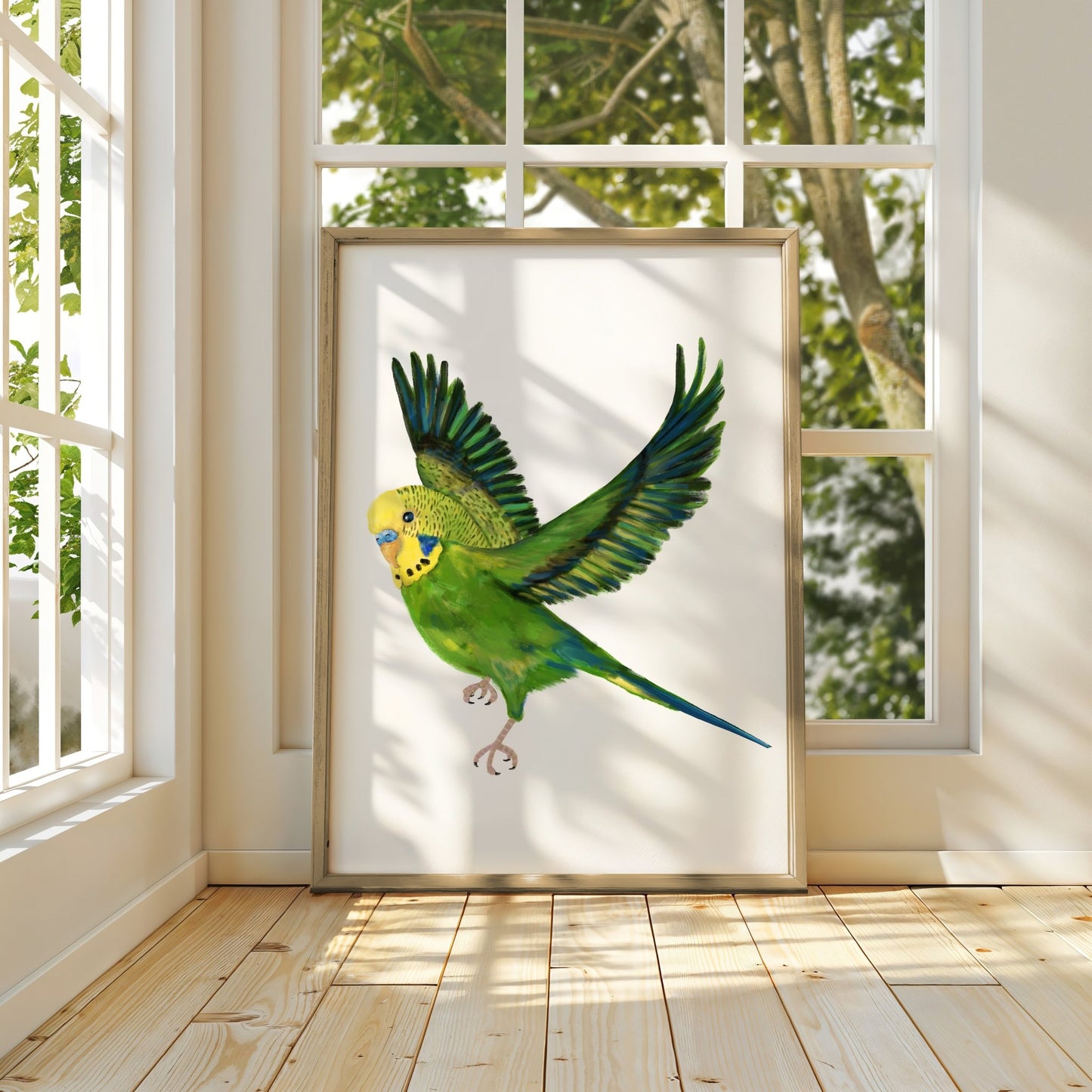 Personalized Flying Green Budgie Art Print – Vibrant Parakeet Bird Decor - MerikaArt