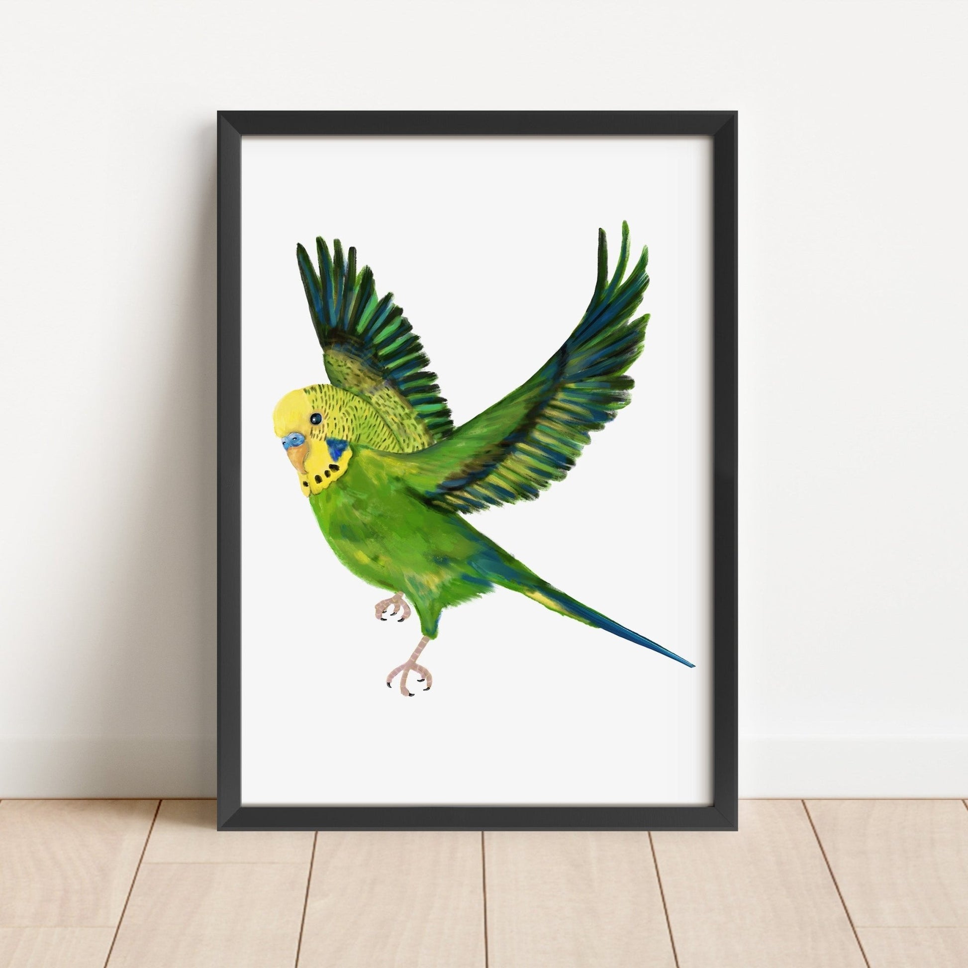 Personalized Flying Green Budgie Art Print – Vibrant Parakeet Bird Decor - MerikaArt
