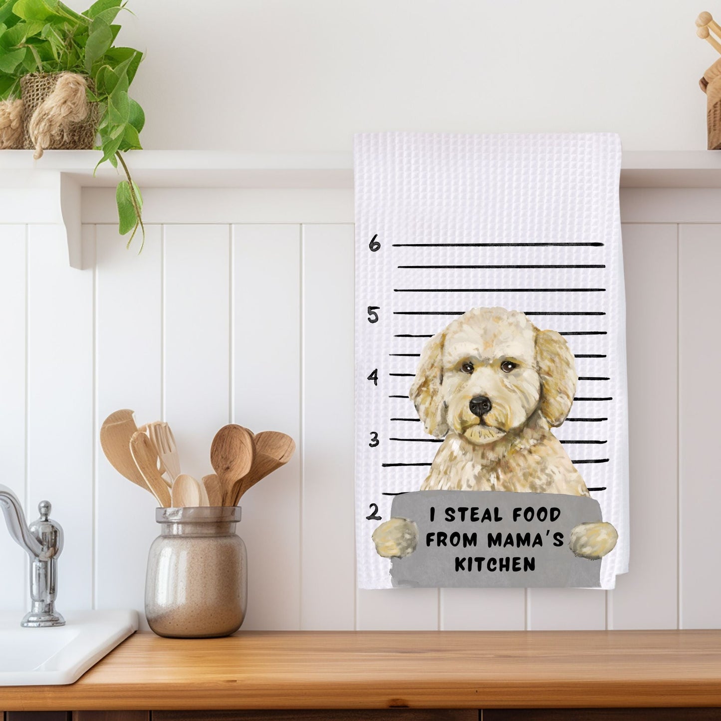 Personalized Goldendoodle Mugshot Kitchen Towel - MerikaArt