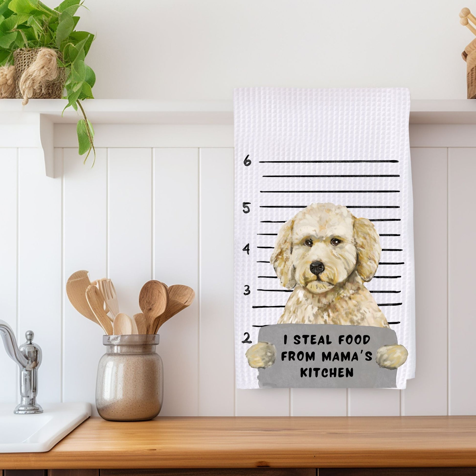 Personalized Goldendoodle Mugshot Kitchen Towel - MerikaArt