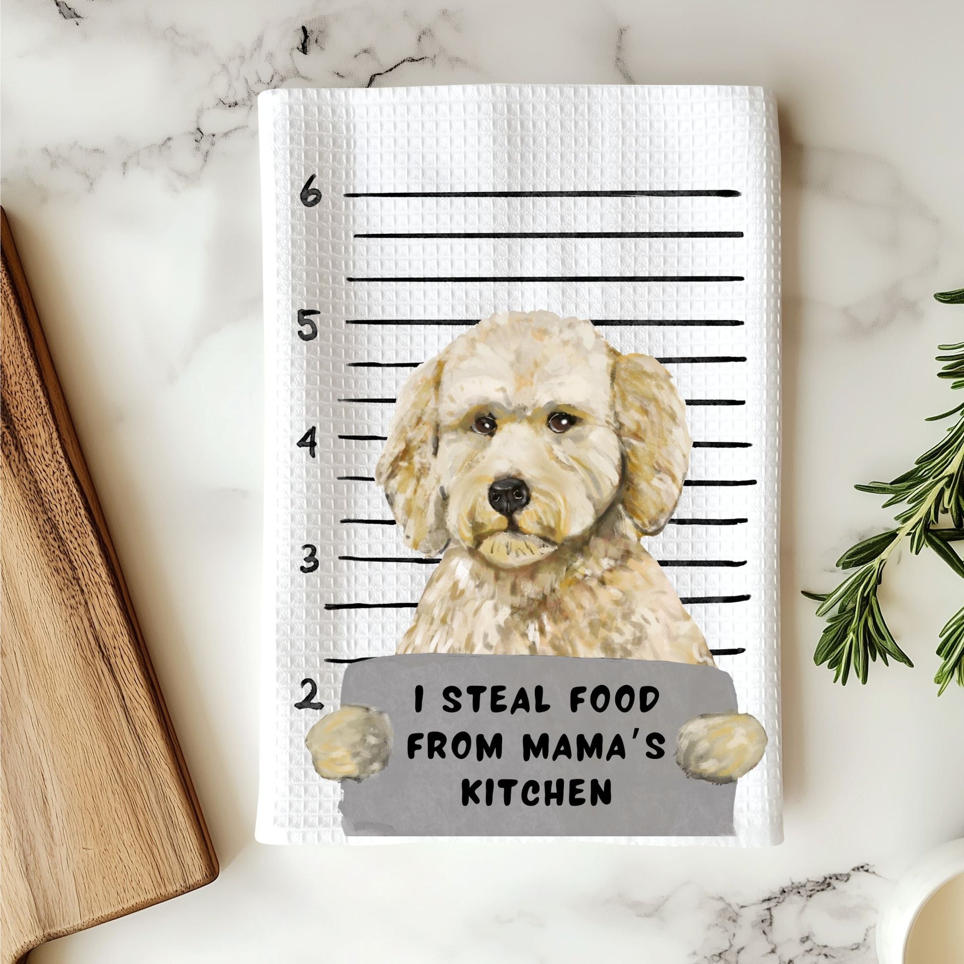 Personalized Goldendoodle Mugshot Kitchen Towel - MerikaArt