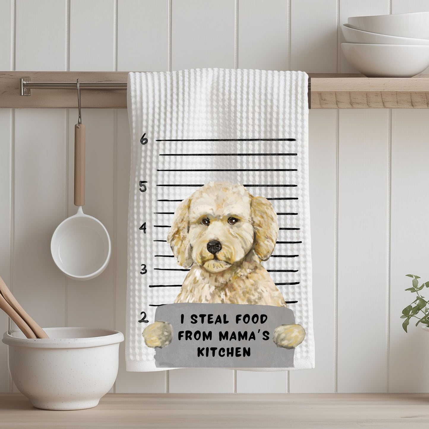 Personalized Goldendoodle Mugshot Kitchen Towel - MerikaArt