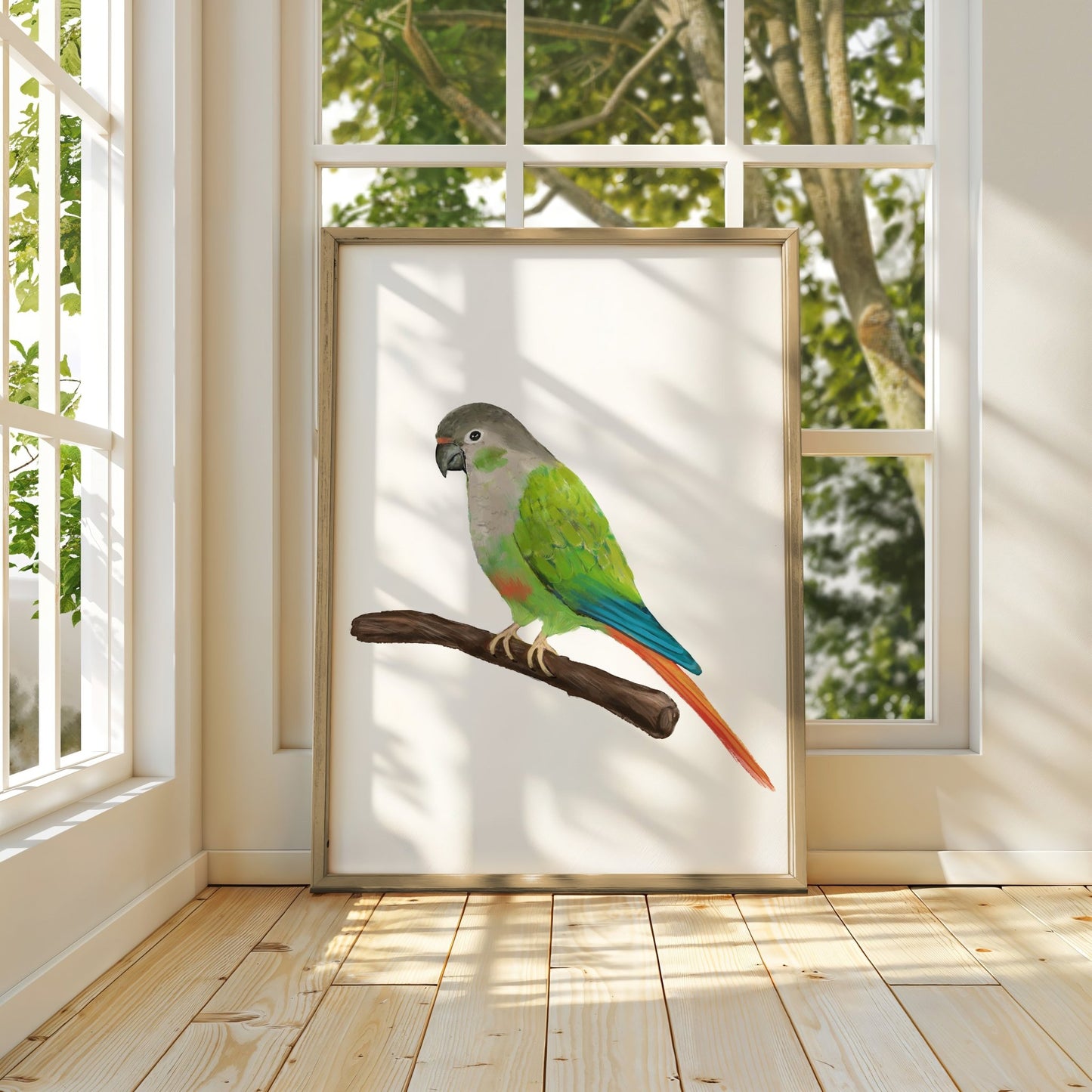 Personalized Green Cheek Conure Wall Art Print – Colorful Parrot Bird Illustration for Bird Lovers - MerikaArt
