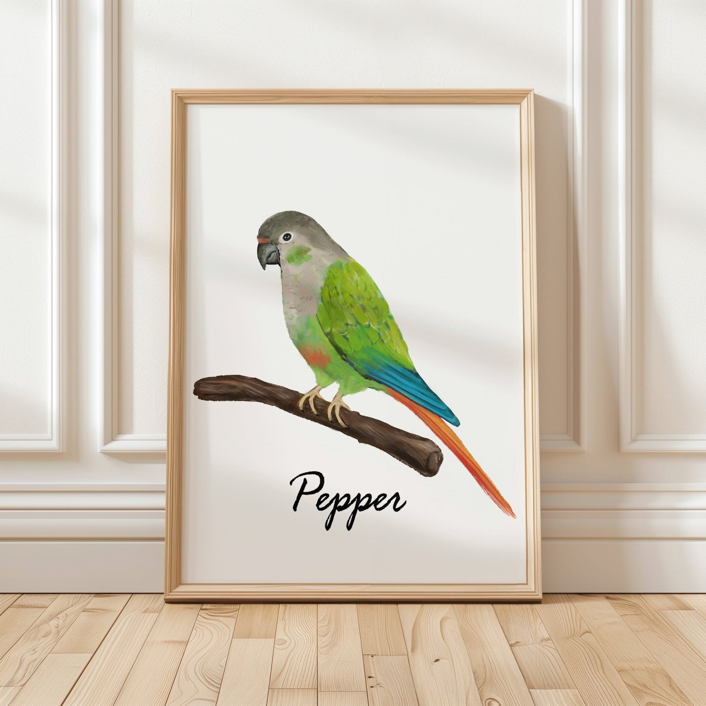 Personalized Green Cheek Conure Wall Art Print – Colorful Parrot Bird Illustration for Bird Lovers - MerikaArt