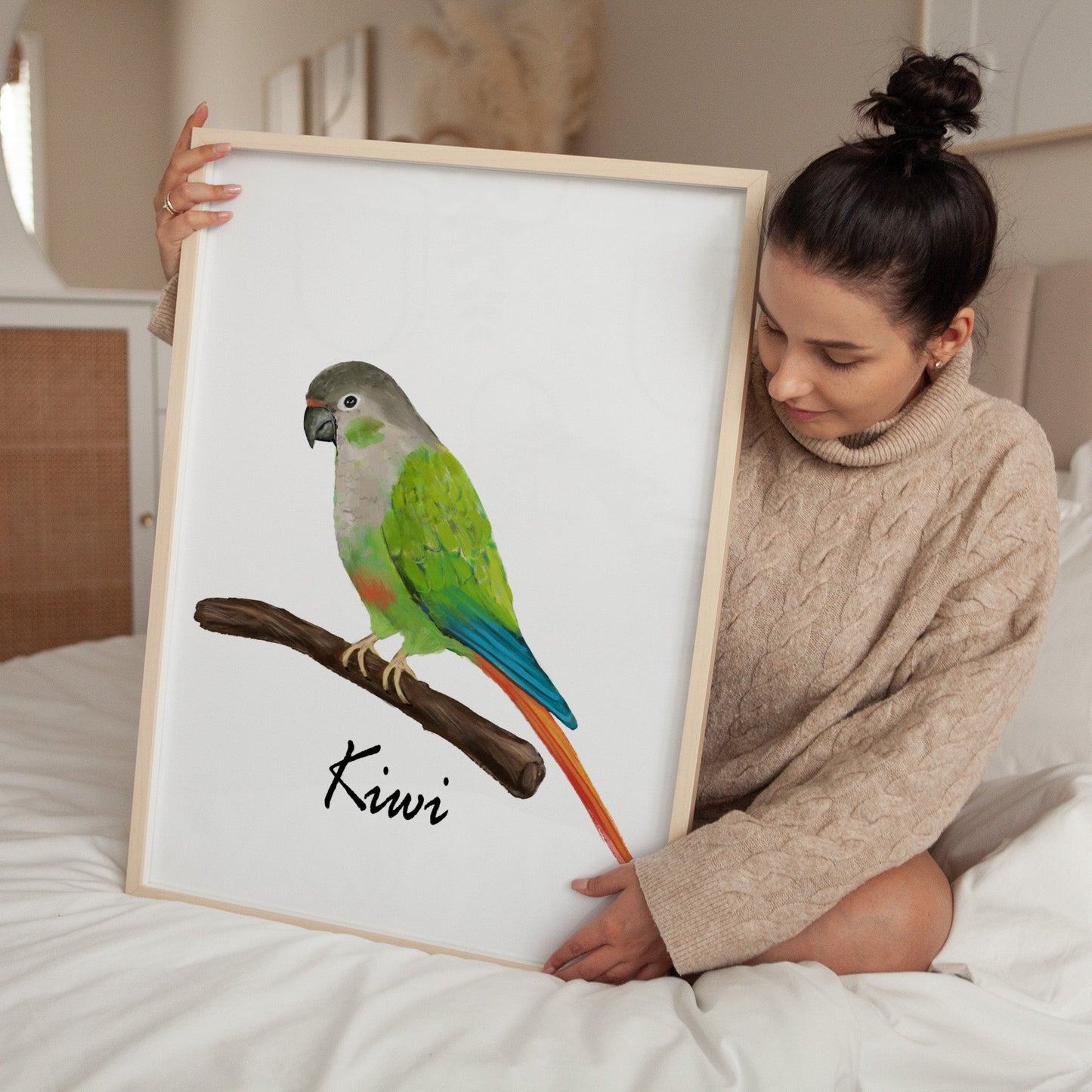Personalized Green Cheek Conure Wall Art Print – Colorful Parrot Bird Illustration for Bird Lovers - MerikaArt