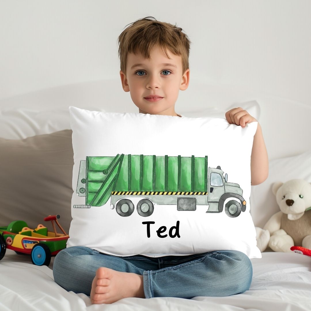 Personalized Green Garbage Truck Kids Pillow - MerikaArt