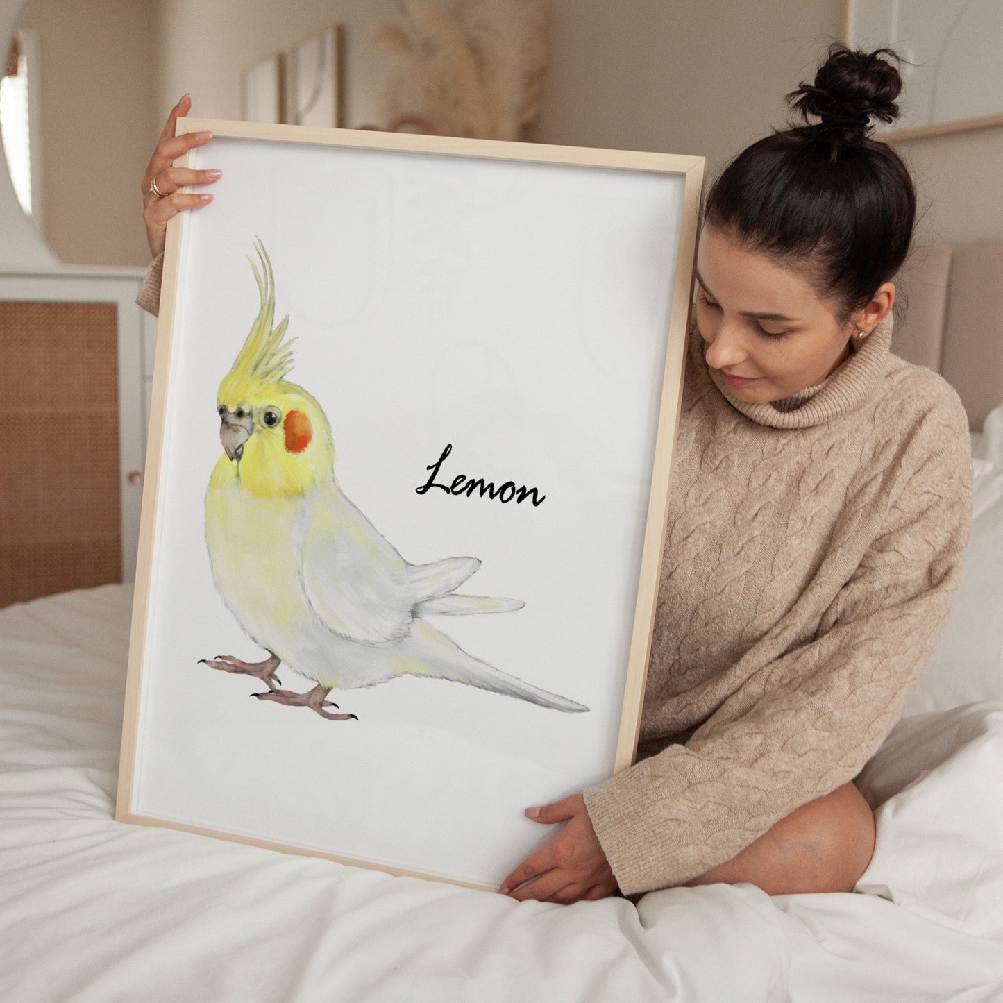 Personalized Lutino Cockatiel Wall Art Print – Yellow Parrot Illustration for Bird Lovers - MerikaArt