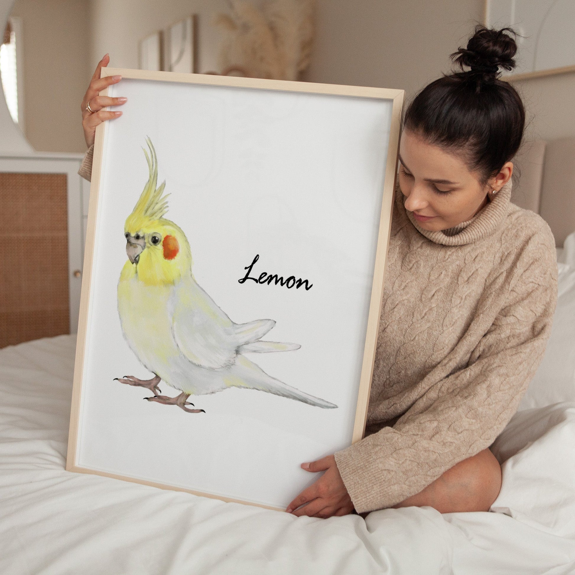 Personalized Lutino Cockatiel Wall Art Print – Yellow Parrot Illustration for Bird Lovers - MerikaArt