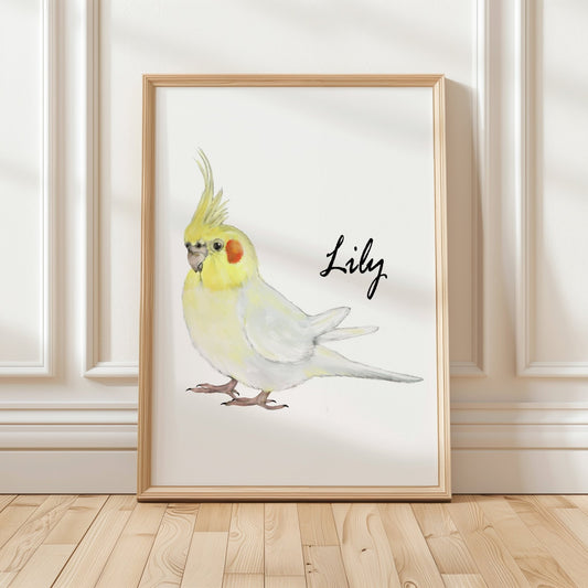 Personalized Lutino Cockatiel Wall Art Print – Yellow Parrot Illustration for Bird Lovers - MerikaArt