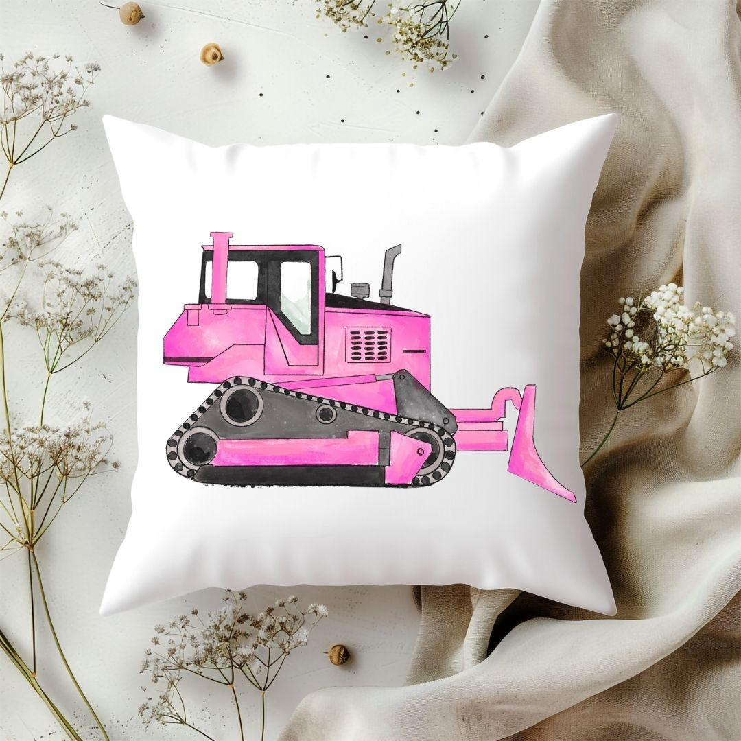 Personalized Pink Bulldozer Kids Pillow - MerikaArt